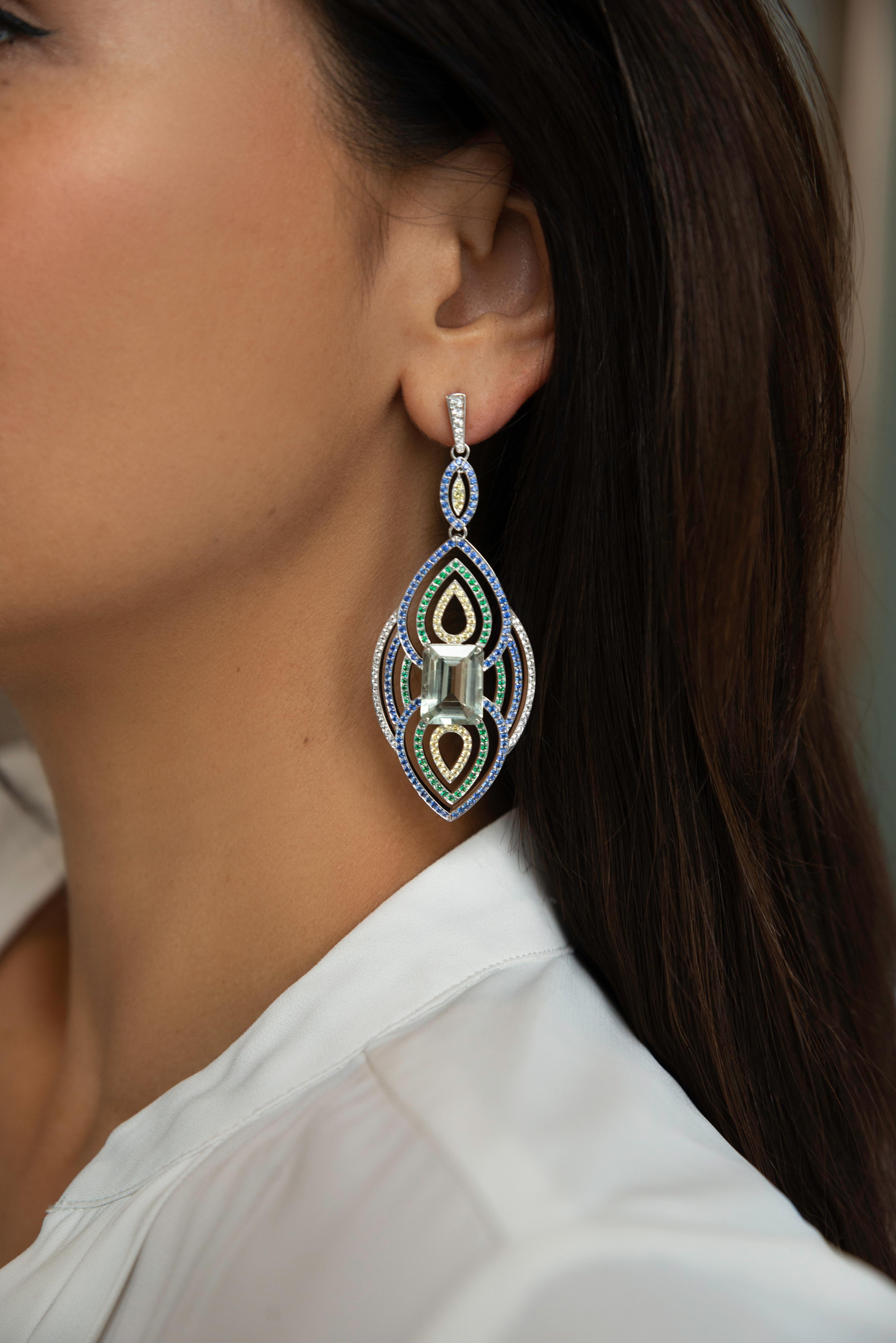 Emerald Cut 18.6 Carat Green Amyethest, Sapphire and Peridot Earrings in White Gold For Sale