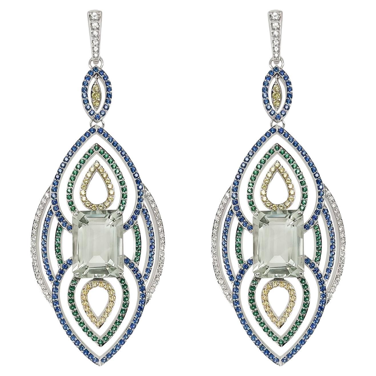 18.6 Carat Green Amyethest, Sapphire and Peridot Earrings in White Gold For Sale