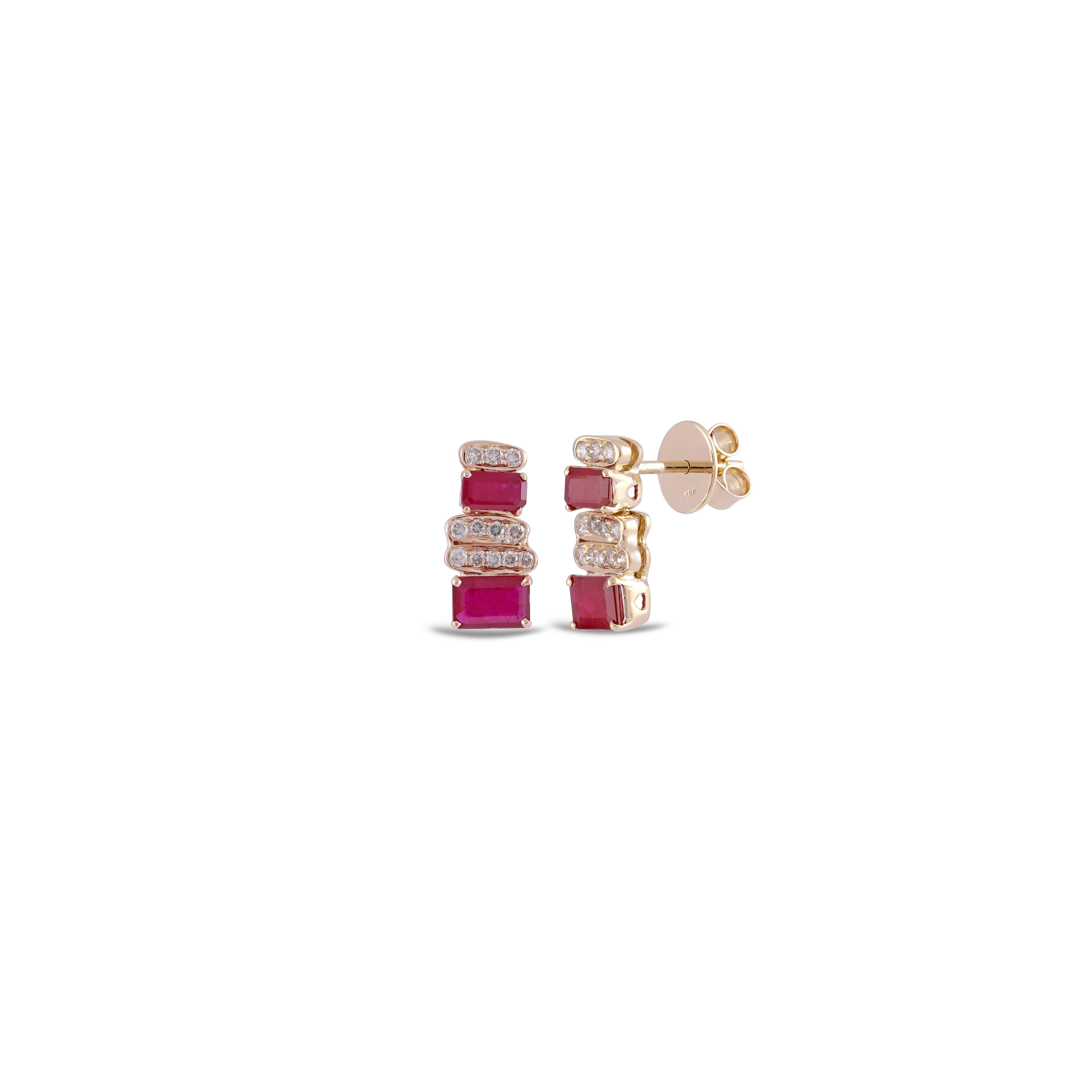 Contemporary 1.86 Carat Mozambique Ruby and Diamond Earrings Studded in 18 Karat Gold For Sale