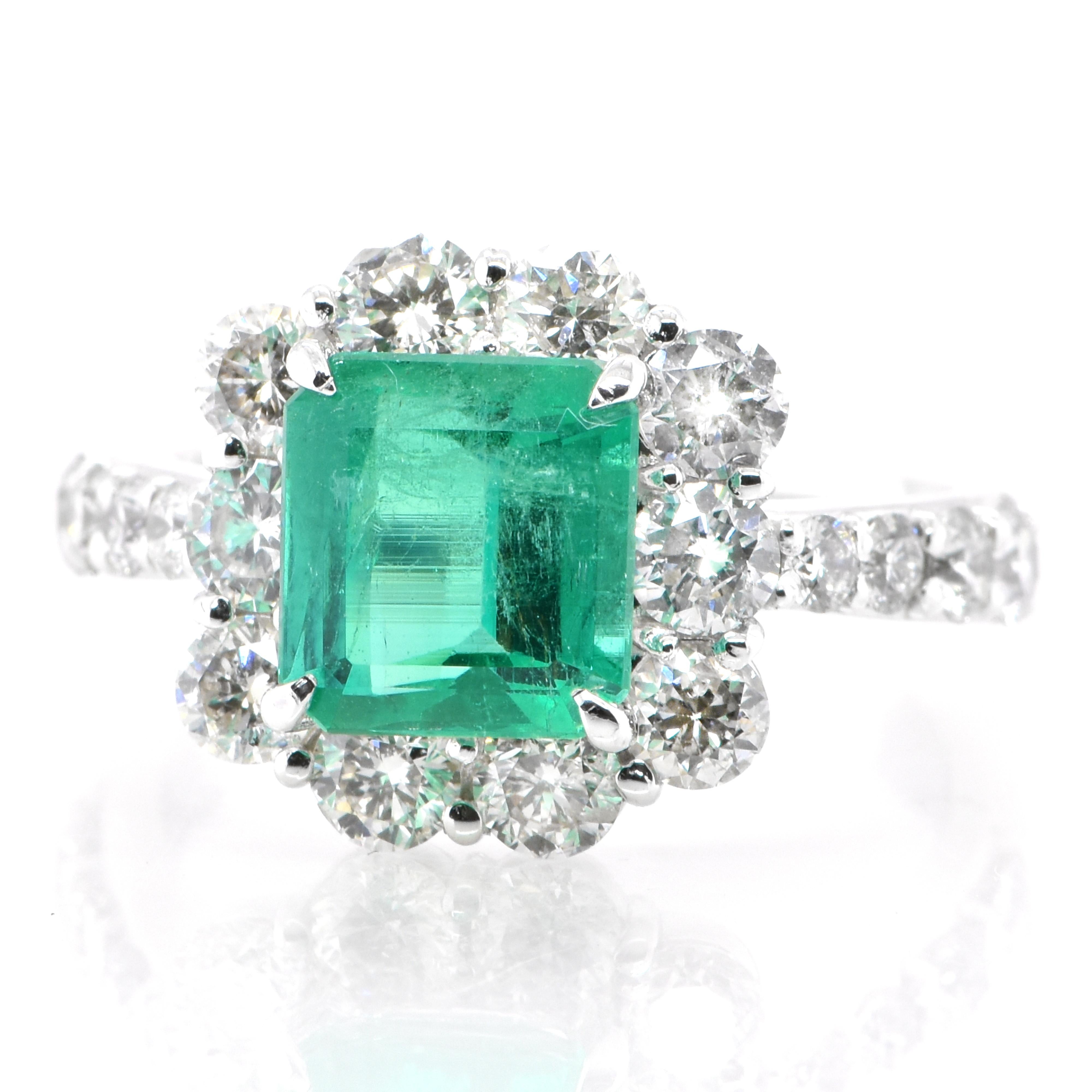 A stunning ring featuring a 1.86 Carat Natural Emerald and 1.62 Carats of Diamond Accents set in Platinum. People have admired emerald’s green for thousands of years. Emeralds have always been associated with the lushest landscapes and the richest