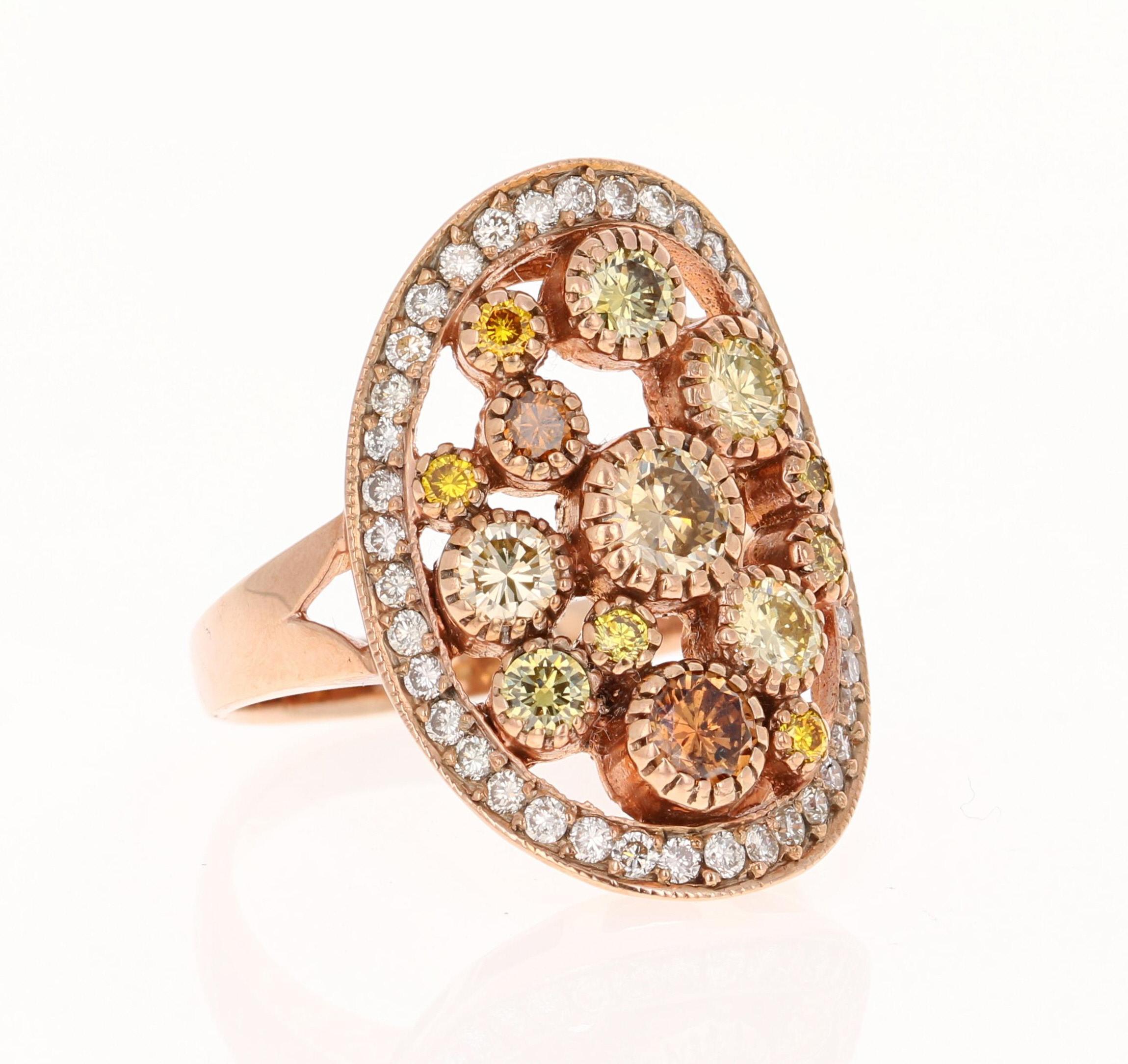 This ring has Natural Round Cut Fancy Color Diamonds that weigh 1.39 carats and have a VS clarity and there are also Natural Round Cut White Diamonds that weigh 0.47 carats. The total carat weight of the ring is 1.86 carats. 

The ring is designed