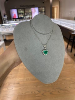 1.86 Carat Natural Heart Shaped Emerald and Diamond 14 Karat White Gold Necklace