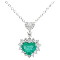 1.86 Carat Natural Heart Shaped Emerald and Diamond 14 Karat White Gold Necklace