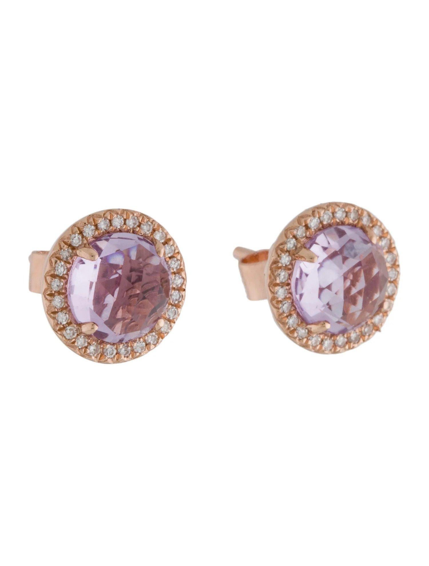 Round Cut 1.86 Carat Round Amethyst & Diamond Rose Gold Stud Earrings For Sale