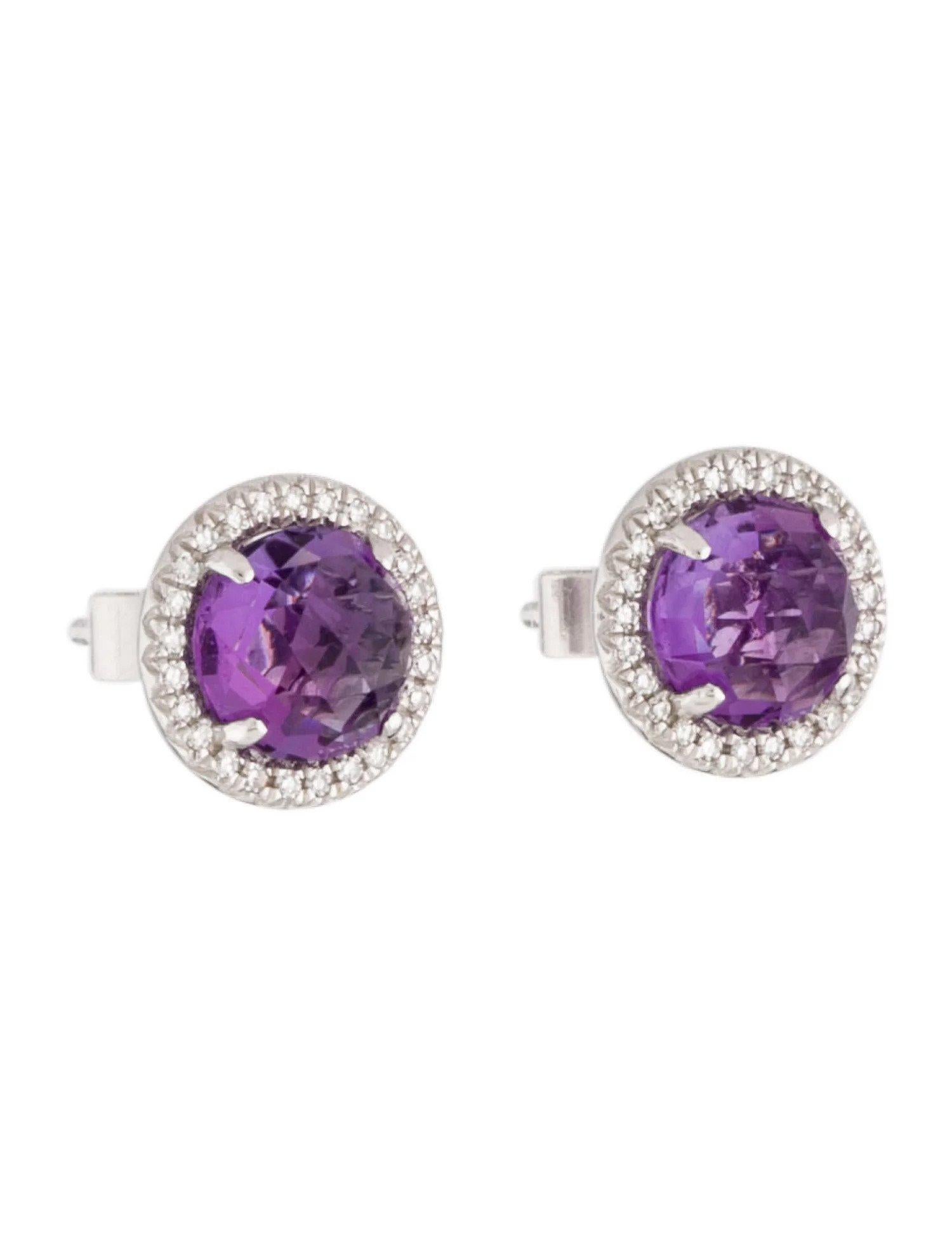 Round Cut 1.86 Carat Round Amethyst & Diamond White Gold Stud Earrings For Sale