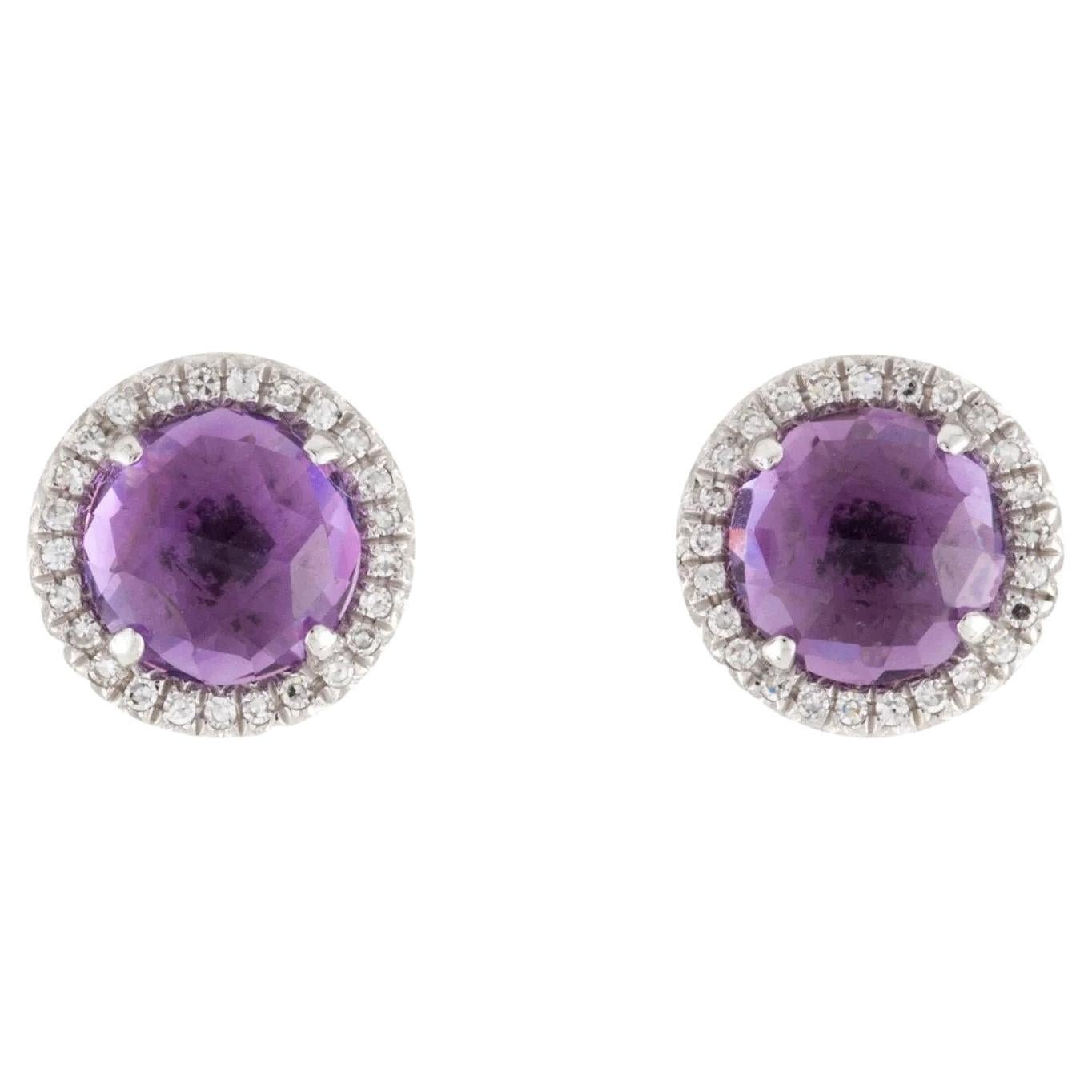 1.86 Carat Round Amethyst & Diamond White Gold Stud Earrings For Sale