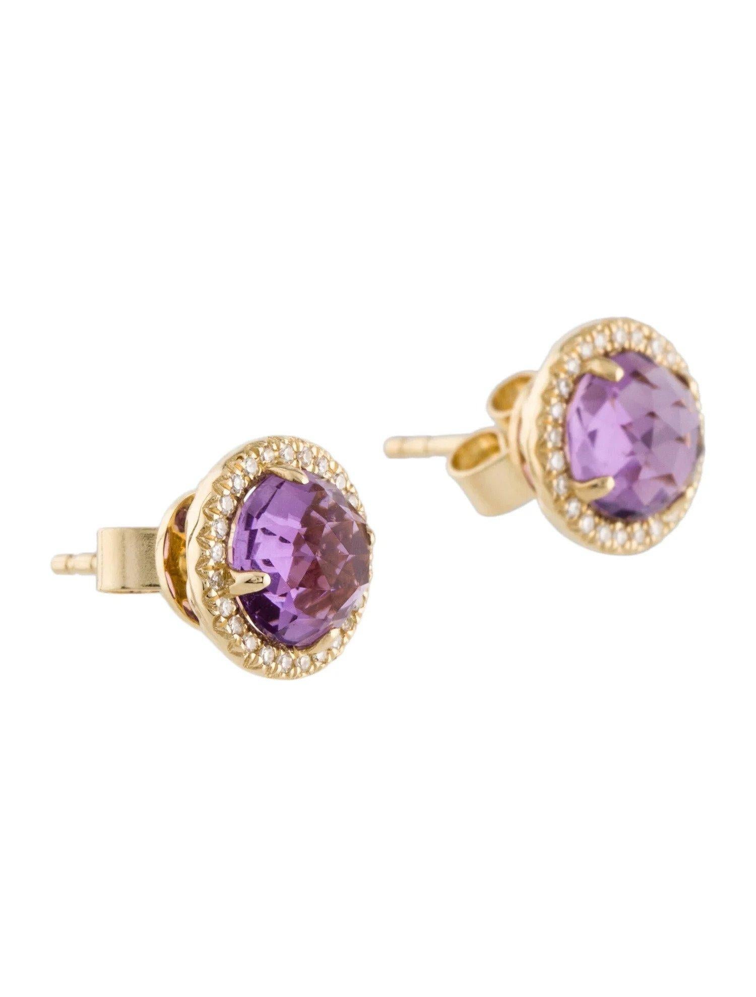 Round Cut 1.86 Carat Round Amethyst & Diamond Yellow Gold Stud Earrings For Sale