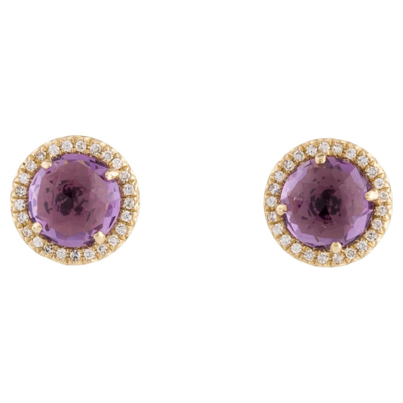 1.86 Carat Round Amethyst & Diamond Yellow Gold Stud Earrings For Sale