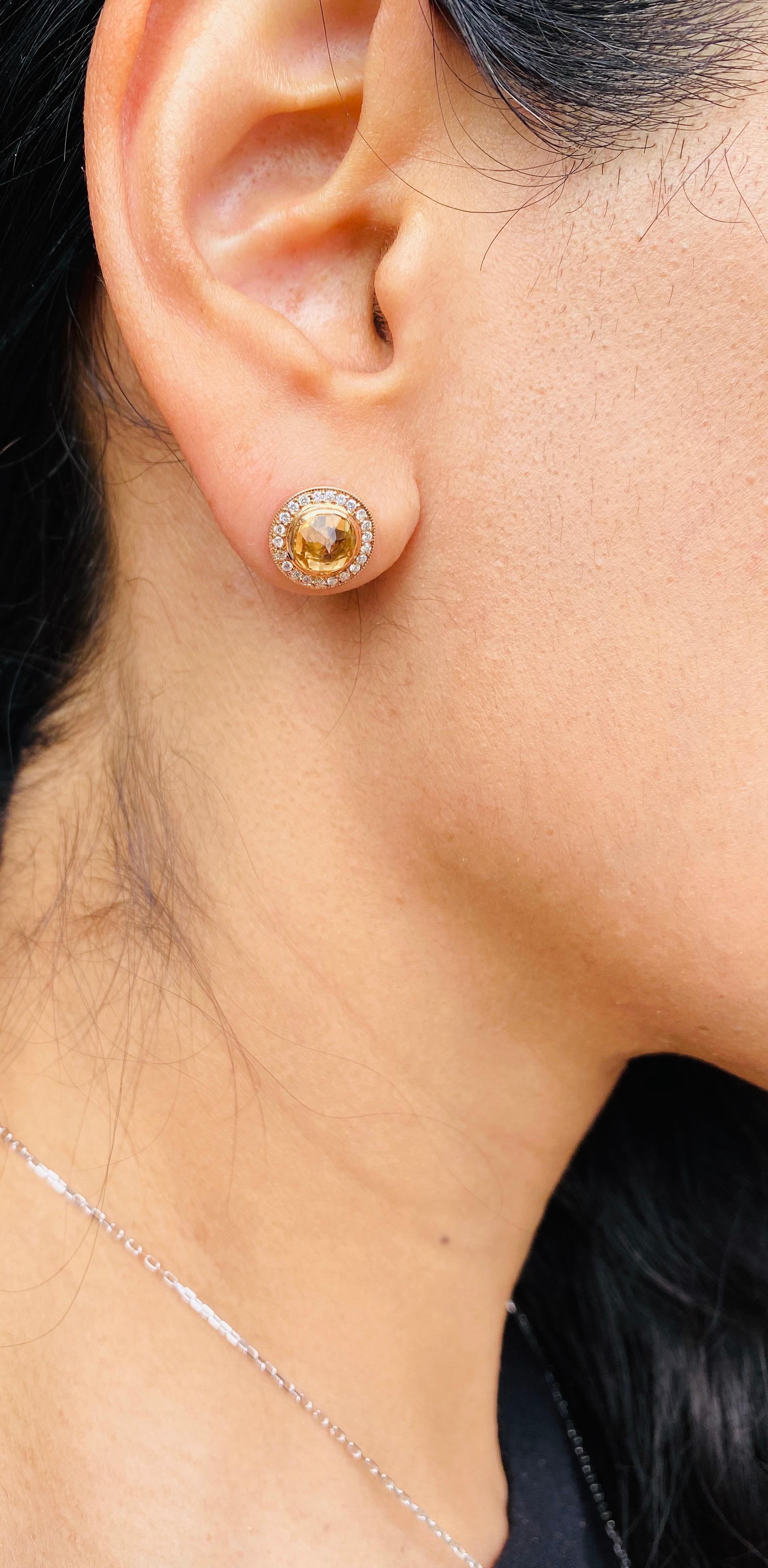 Modern 1.86 Carat Round Cut Citrine Diamond 14 Karat Rose Gold Earring Studs For Sale