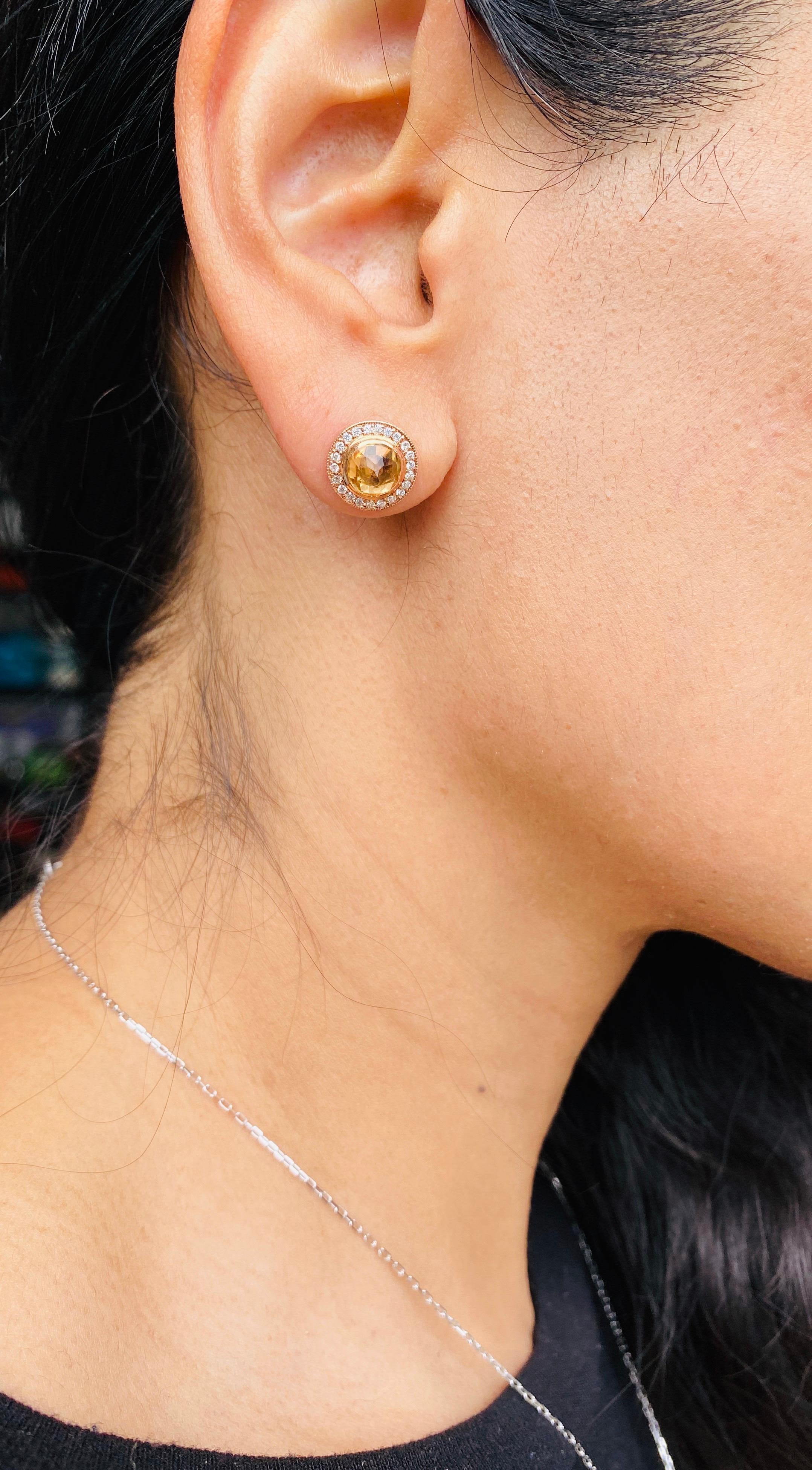 1.86 Carat Round Cut Citrine Diamond 14 Karat Rose Gold Earring Studs In New Condition For Sale In Los Angeles, CA
