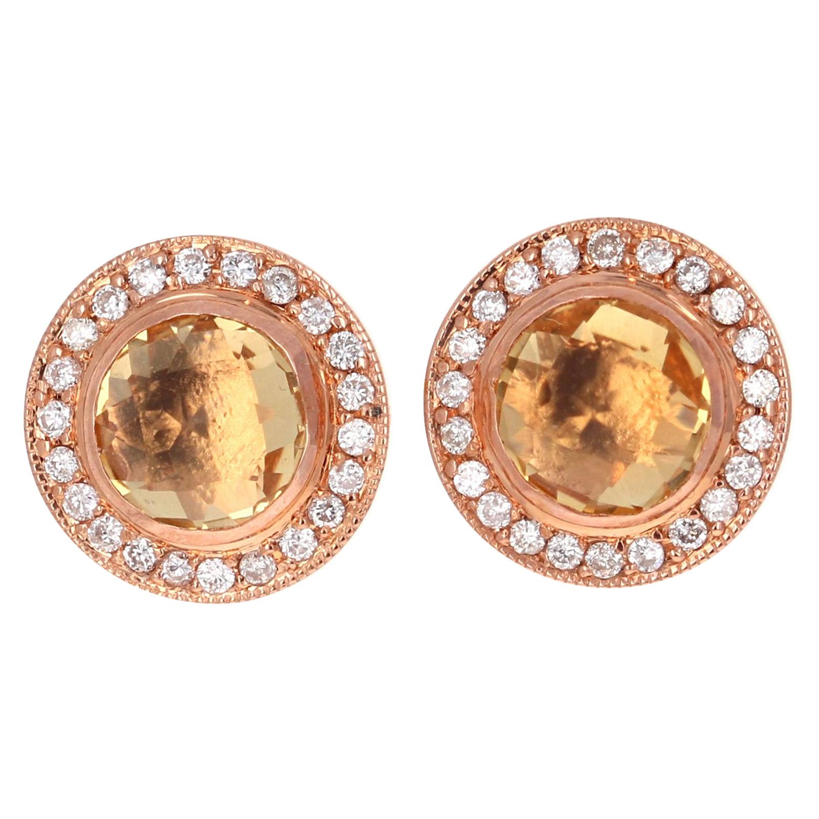 Clous d'oreilles en or rose 14 carats avec diamants et citrine taille ronde de 1,86 carat
