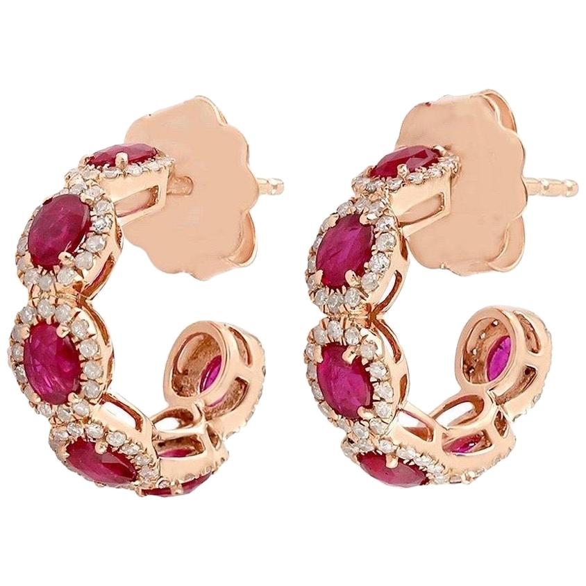 1.86 Carat Ruby 14 Karat Gold Diamond Hoop Earrings