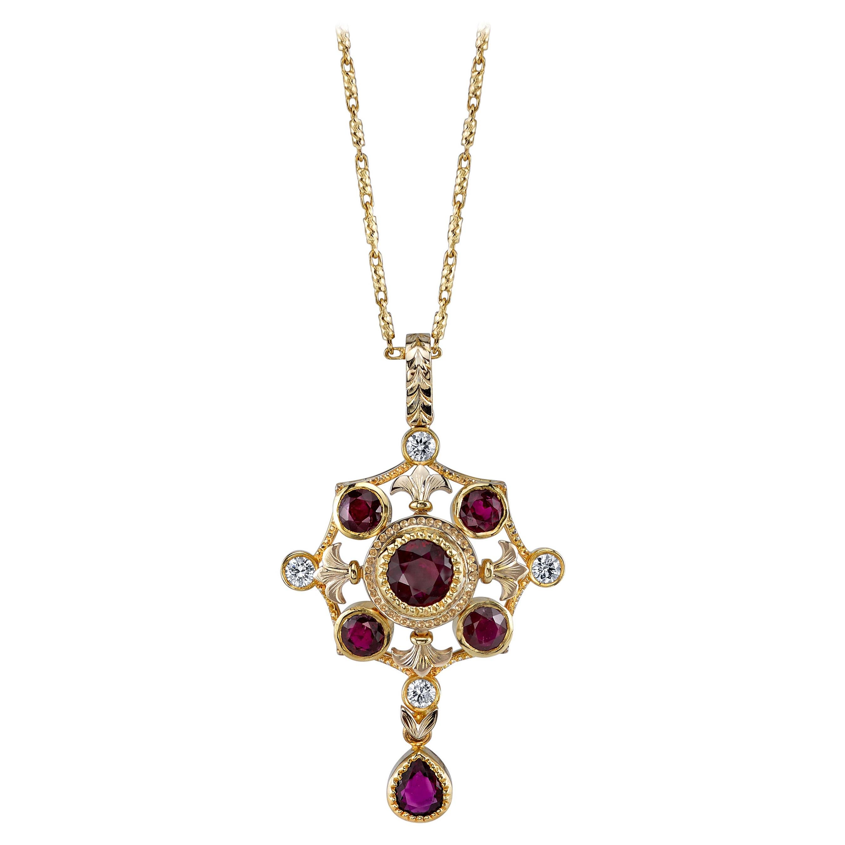 Ruby and Diamond Renaissance Inspired Necklace in 18k Yellow Gold For Sale