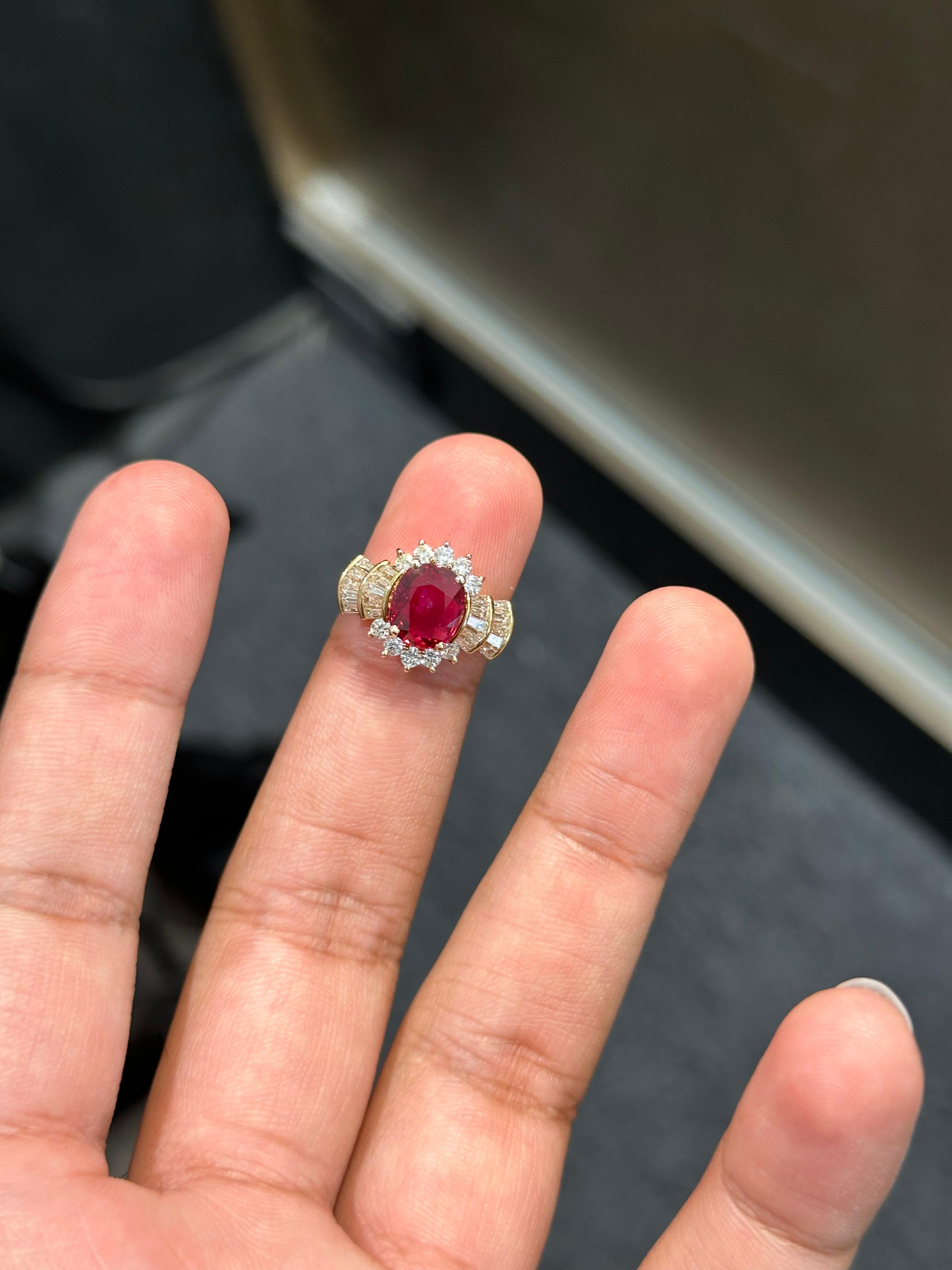 Indulge in the allure of exquisite jewelry with this captivating Ruby ring, a treasure that will leave all vintage jewelry enthusiasts and ruby lovers delighted. 

This magnificent ring showcases a breathtaking centerpiece—a 1.86 Carat oval-cut