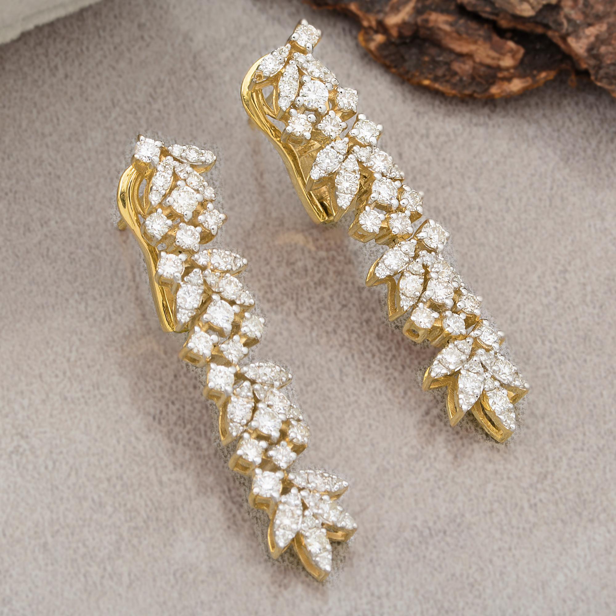 Round Cut 1.86 Carat SI Clarity HI Color Diamond Fine Dangle Earrings 14 Karat Yellow Gold For Sale