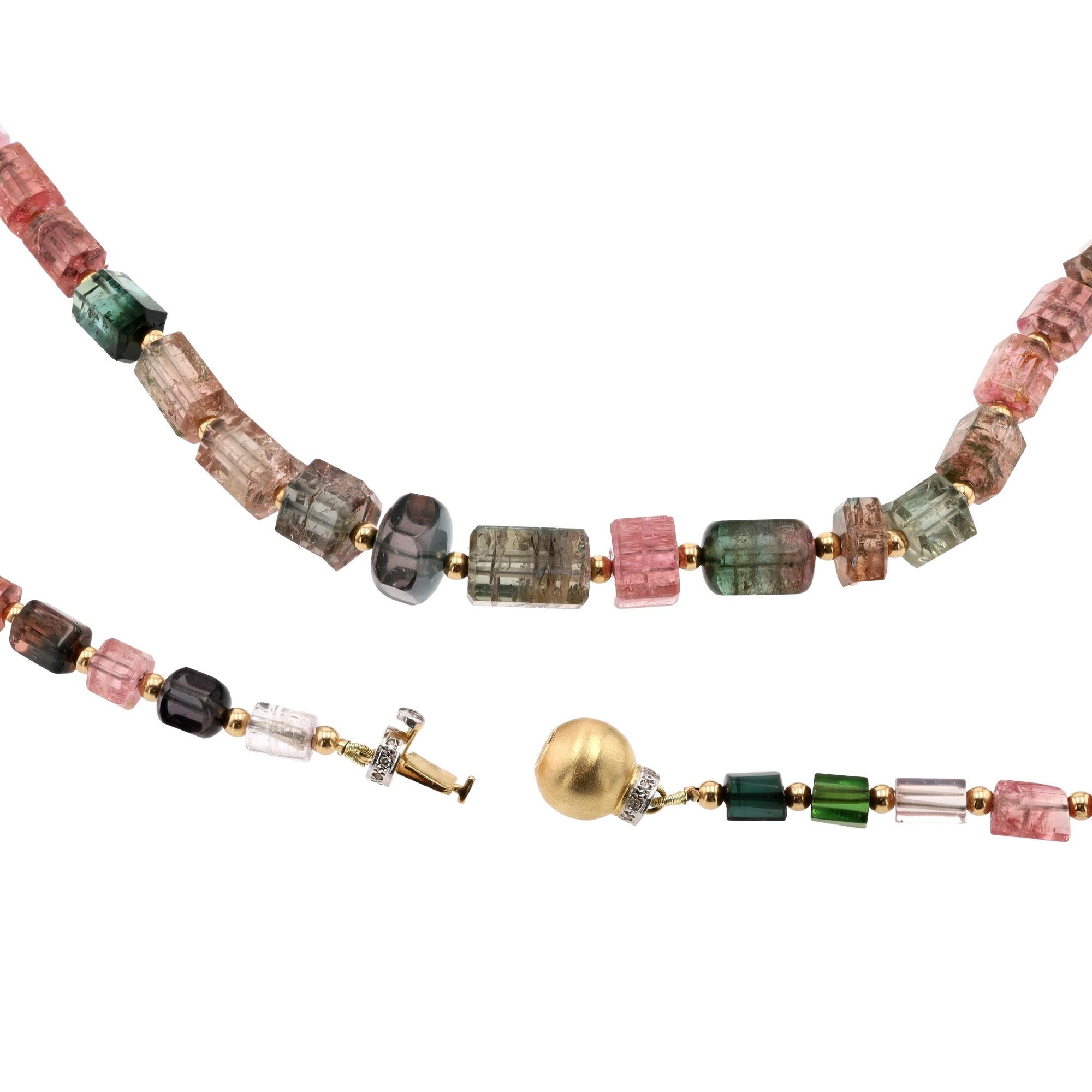 Contemporary 186 Carats Multi-Color Tourmaline & 14k Gold Bead Necklace Strand For Sale