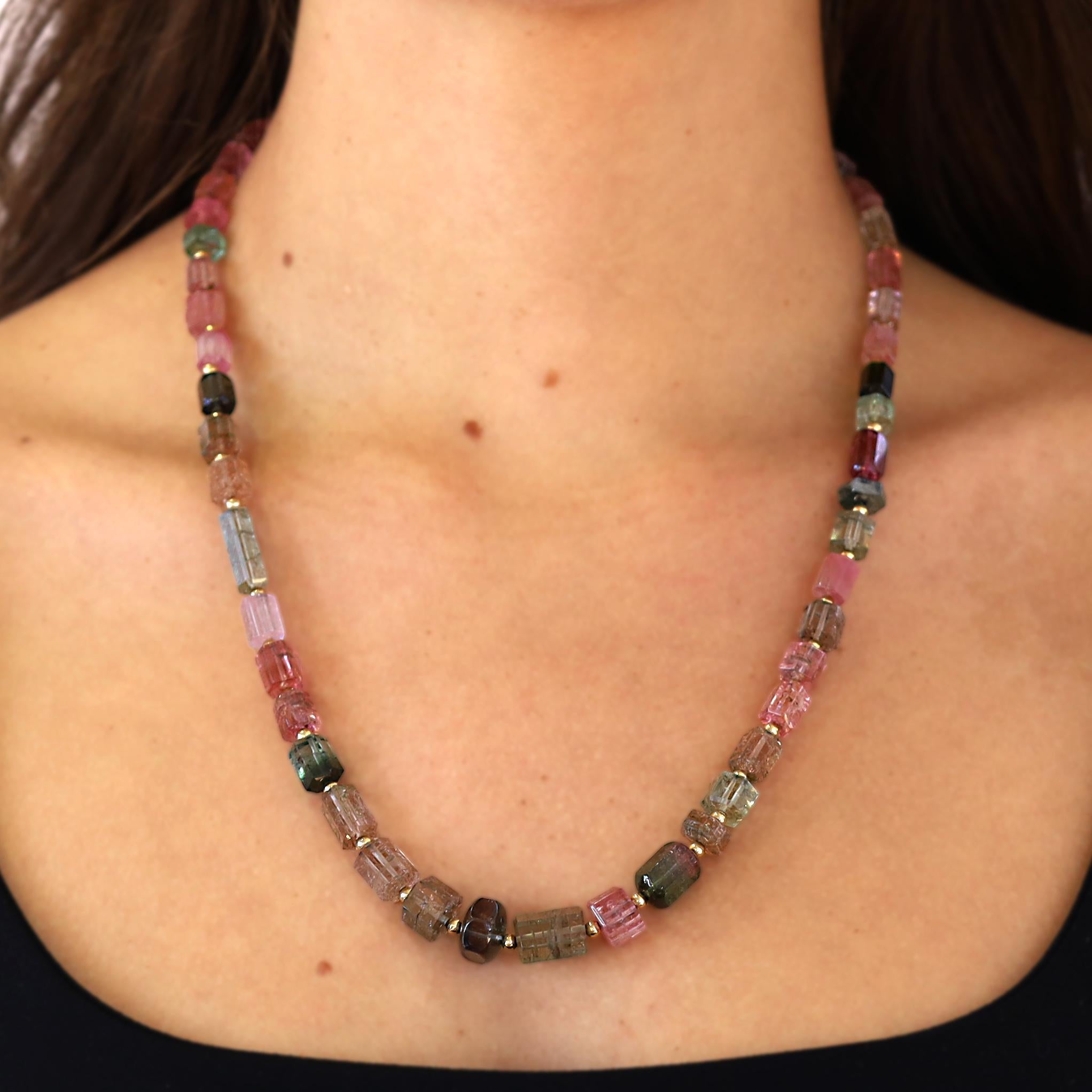 Mixed Cut 186 Carats Multi-Color Tourmaline & 14k Gold Bead Necklace Strand For Sale