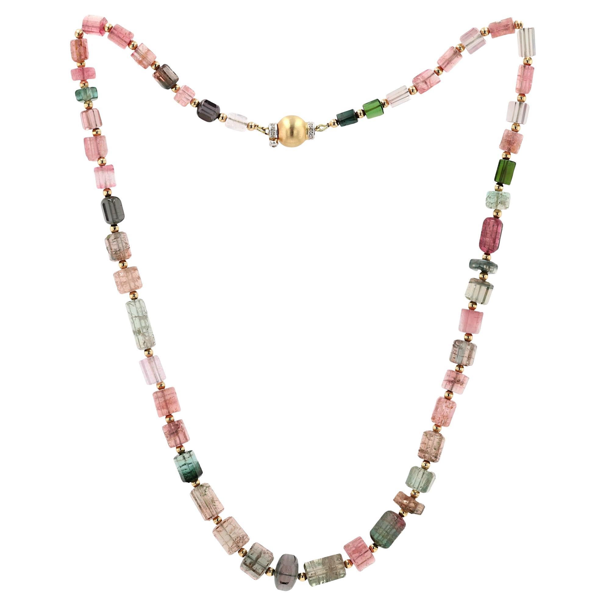 186 Carats Multi-Color Tourmaline & 14k Gold Bead Necklace Strand For Sale