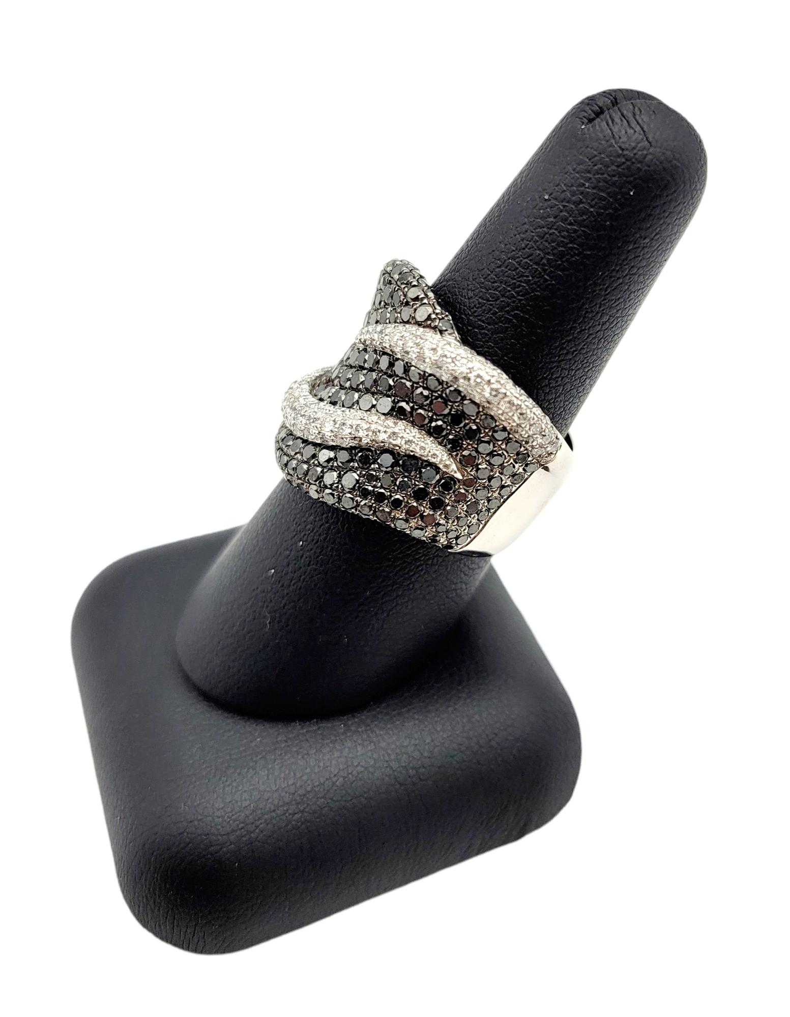 1.86 Carats Total Black and White Pave Diamond Wave Wide Band Ring in White Gold For Sale 2