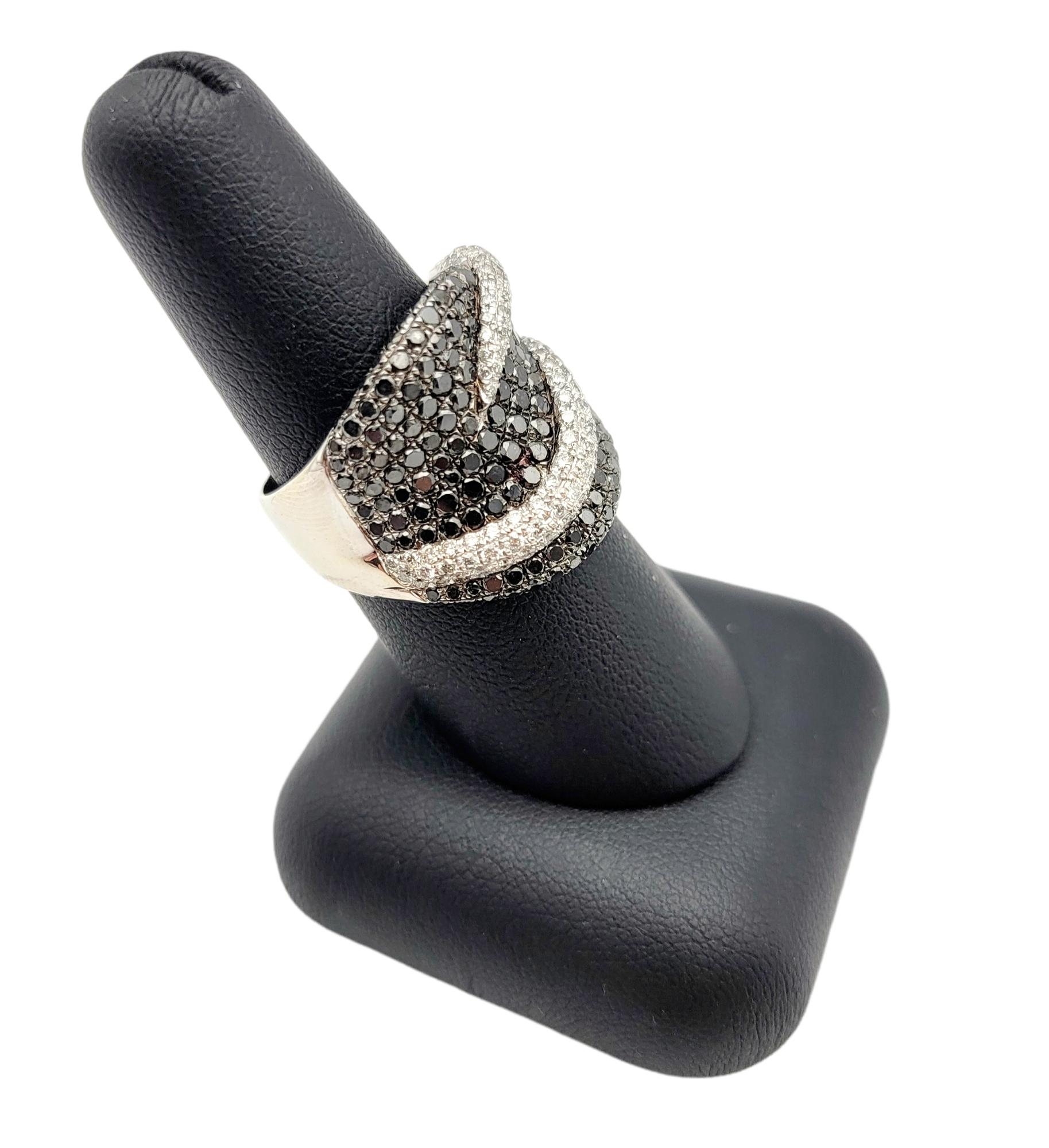 1.86 Carats Total Black and White Pave Diamond Wave Wide Band Ring in White Gold For Sale 3
