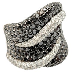 Black and White Pavé Diamond Wave Motif Wide Band Ring in 14K White Gold