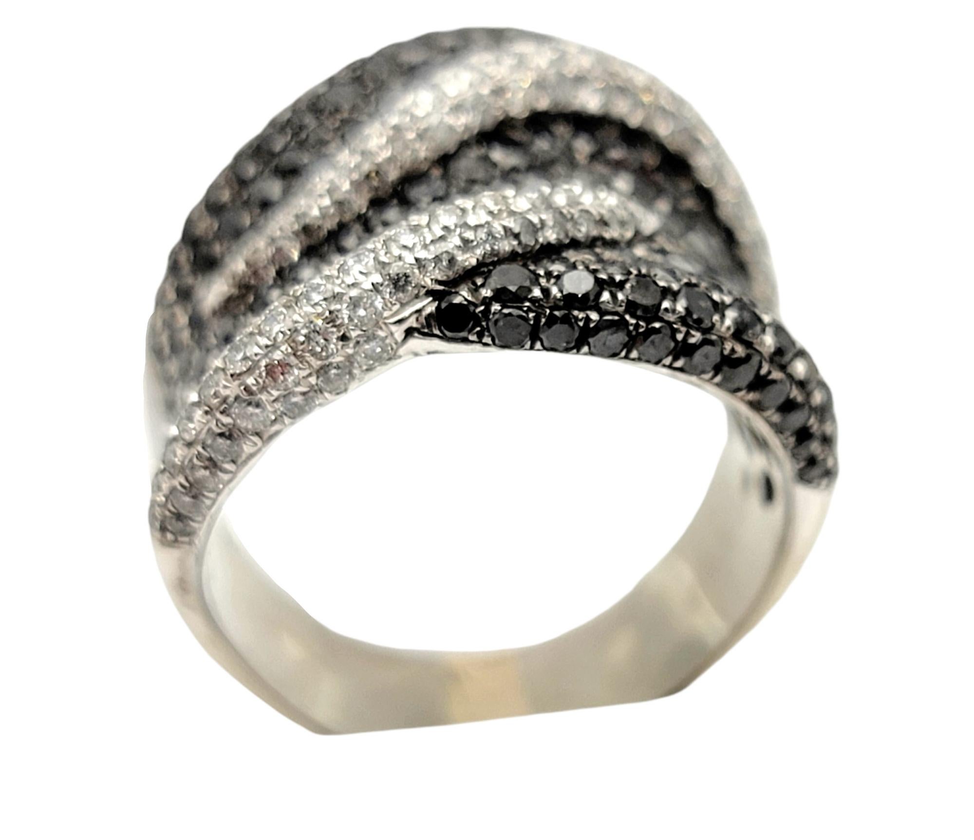 Contemporary 1.86 Carats Total Black and White Pave Diamond Wave Wide Band Ring in White Gold For Sale