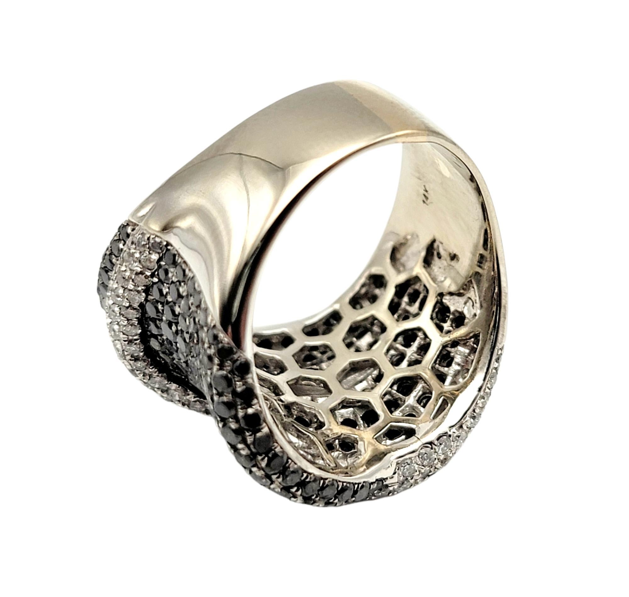 Round Cut 1.86 Carats Total Black and White Pave Diamond Wave Wide Band Ring in White Gold For Sale