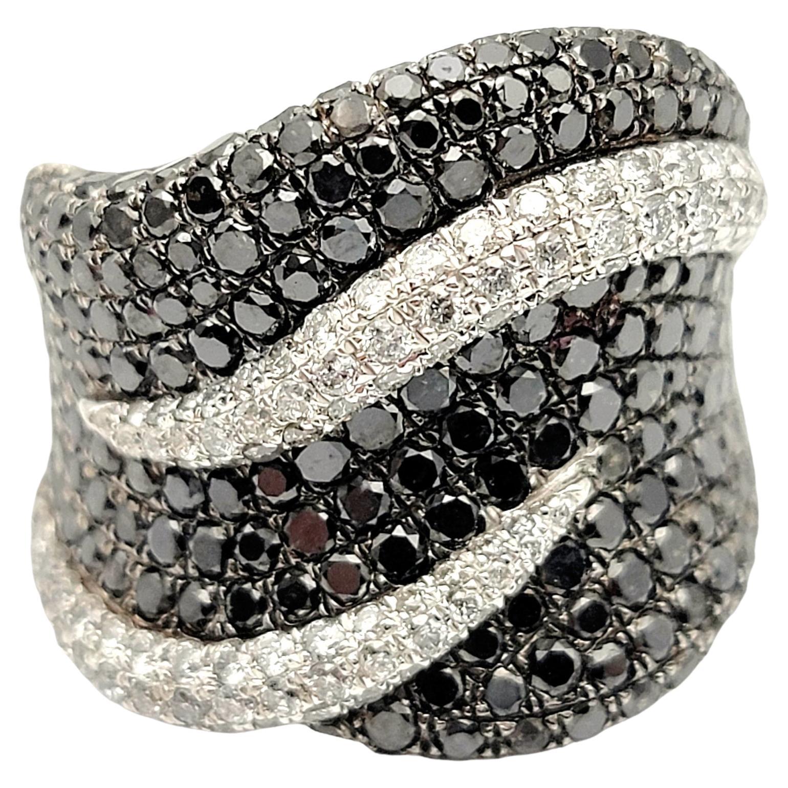 1.86 Carats Total Black and White Pave Diamond Wave Wide Band Ring in White Gold For Sale
