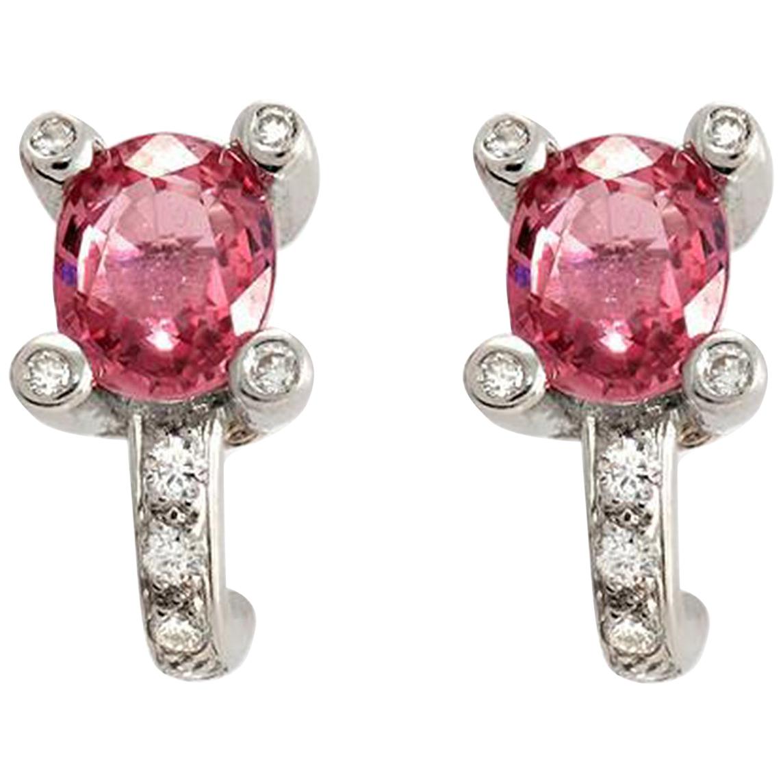 1.86 CT Natural Pink Sapphire & 0.39 CT Diamonds in 18K White Gold Stud Earrings For Sale