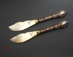 1860 - 1862 Juego de dos cuchillos para pasta Berg von Linden de plata dorada maciza 830/ 132gr
