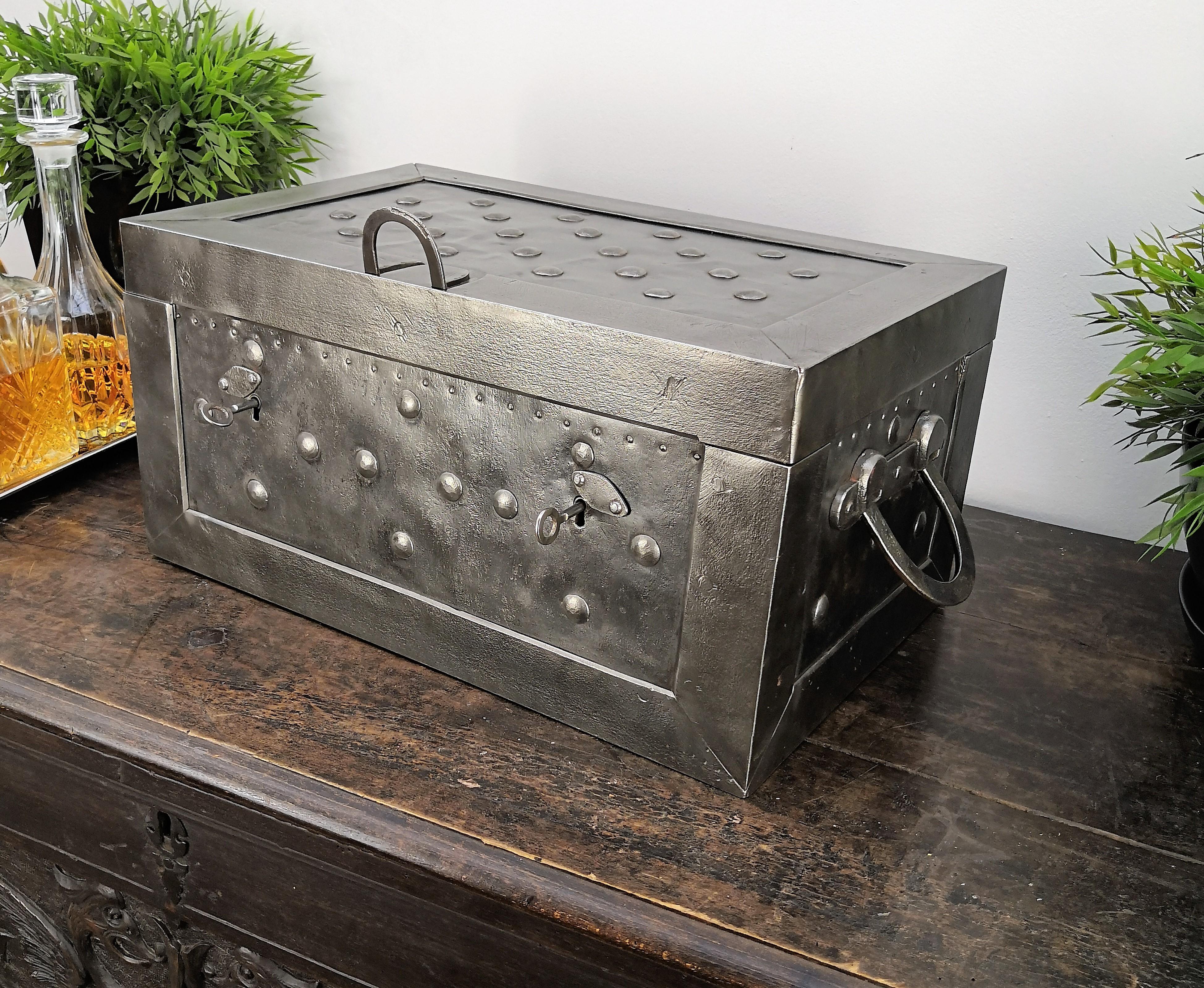 19th Century 1860-1890 Italian Wrought Iron Antique Strongbox Newly Equipped as Cigar Humidor