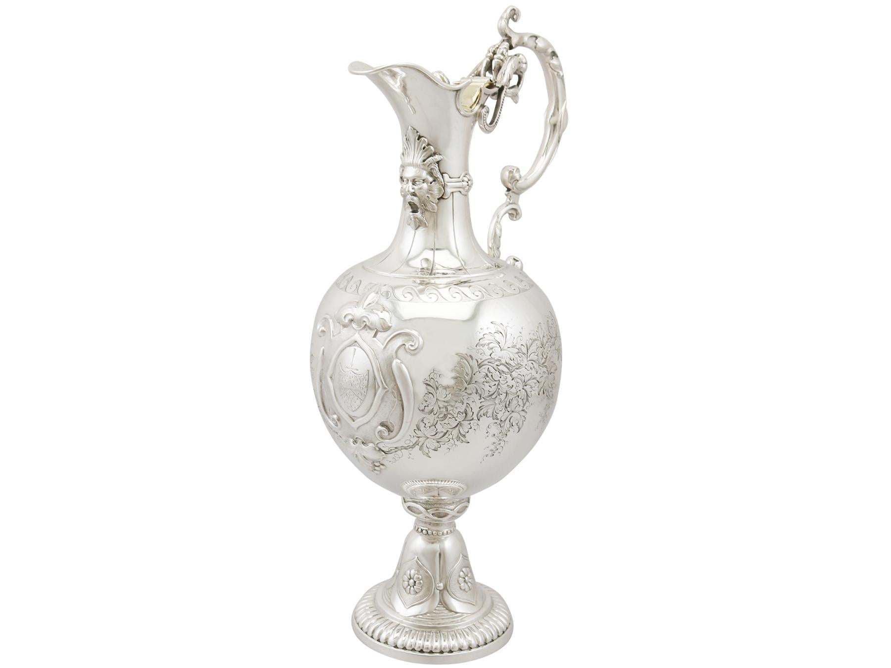 English 1860 Antique Victorian Sterling Silver Claret Jug