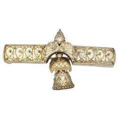 Antique 1860 Etruscan 14K Yellow Gold Bar Pin Articulated Bell Dangle