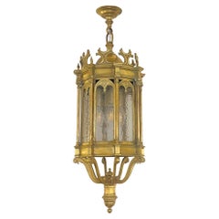 1860 French Antique Gothic Revival Cast Brass Pendant Lantern With Arch Windows