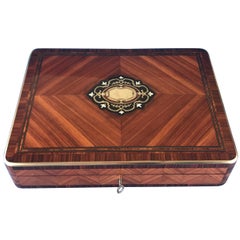 Antique 1860 French Brassbound Angle Cut Tulipwood and Kingwood Cross Banded Box