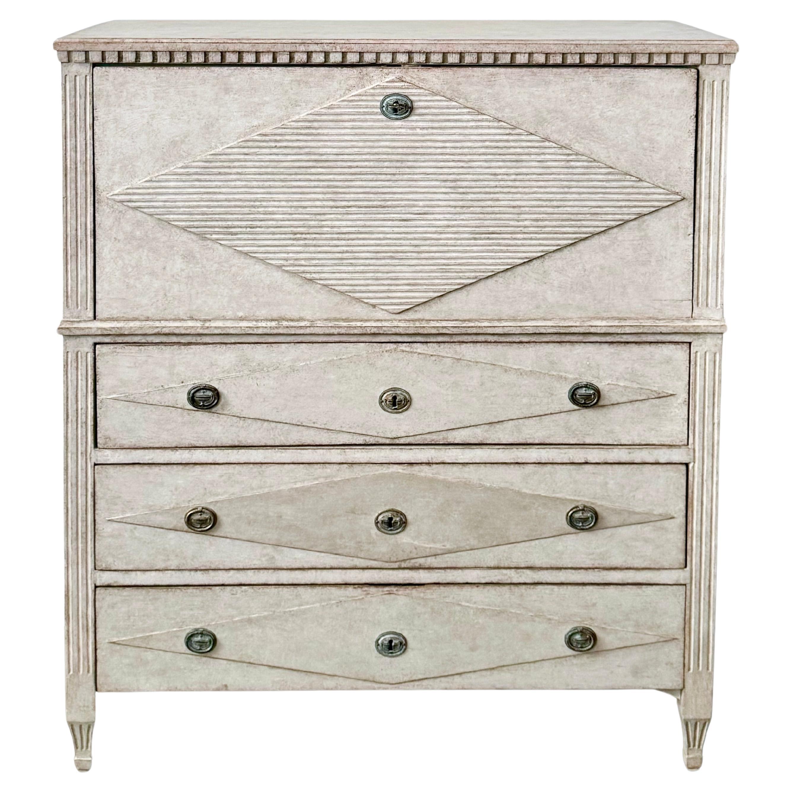 1860 Gustavia Style Swedish Painted Drop Front Secretary With Drawers