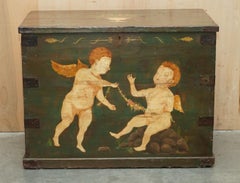 1860 ITALIAN ORIGINAL PAINT EXTRA LARGE STORAGE TRUNK OR CHEST CHERUB PAINTINGs