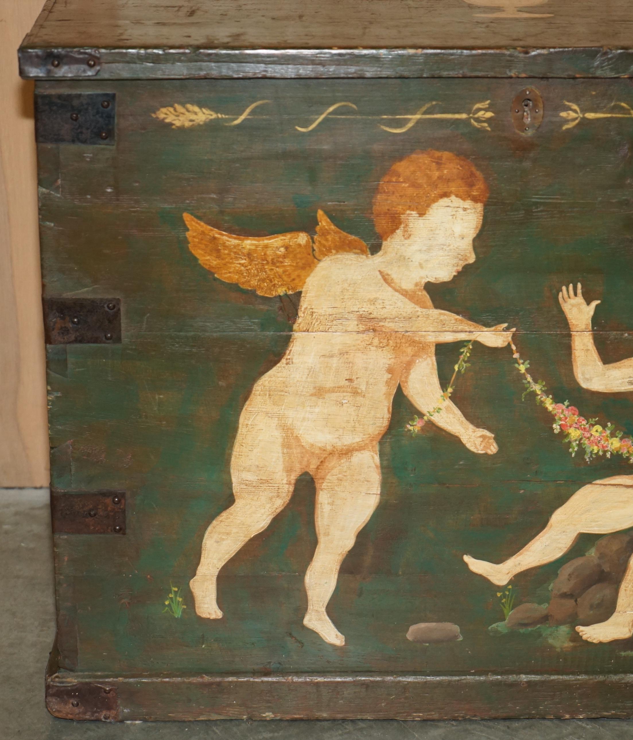High Victorian 1860 ITALIAN ORIGINAL PAINT EXTRA LARGE STORAGE TRUNK OR CHEST CHERUB PAINTINGs For Sale