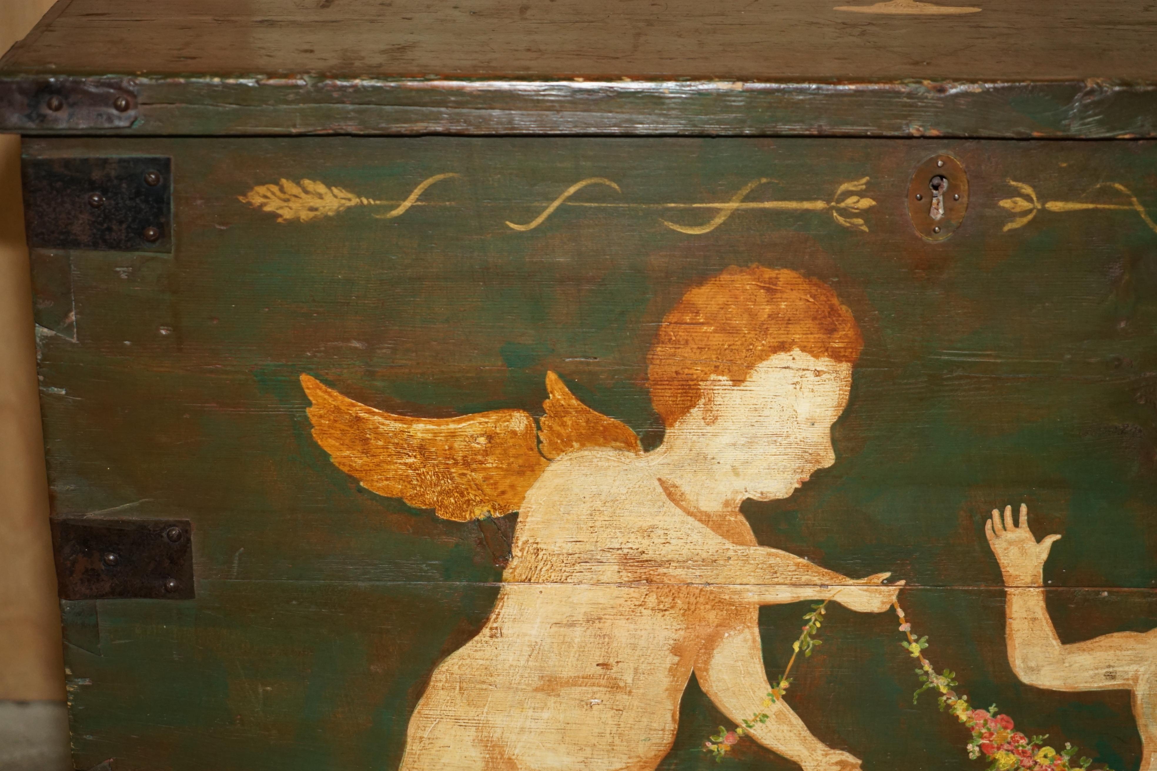 Italian 1860 ITALIAN ORIGINAL PAINT EXTRA LARGE STORAGE TRUNK OR CHEST CHERUB PAINTINGs For Sale