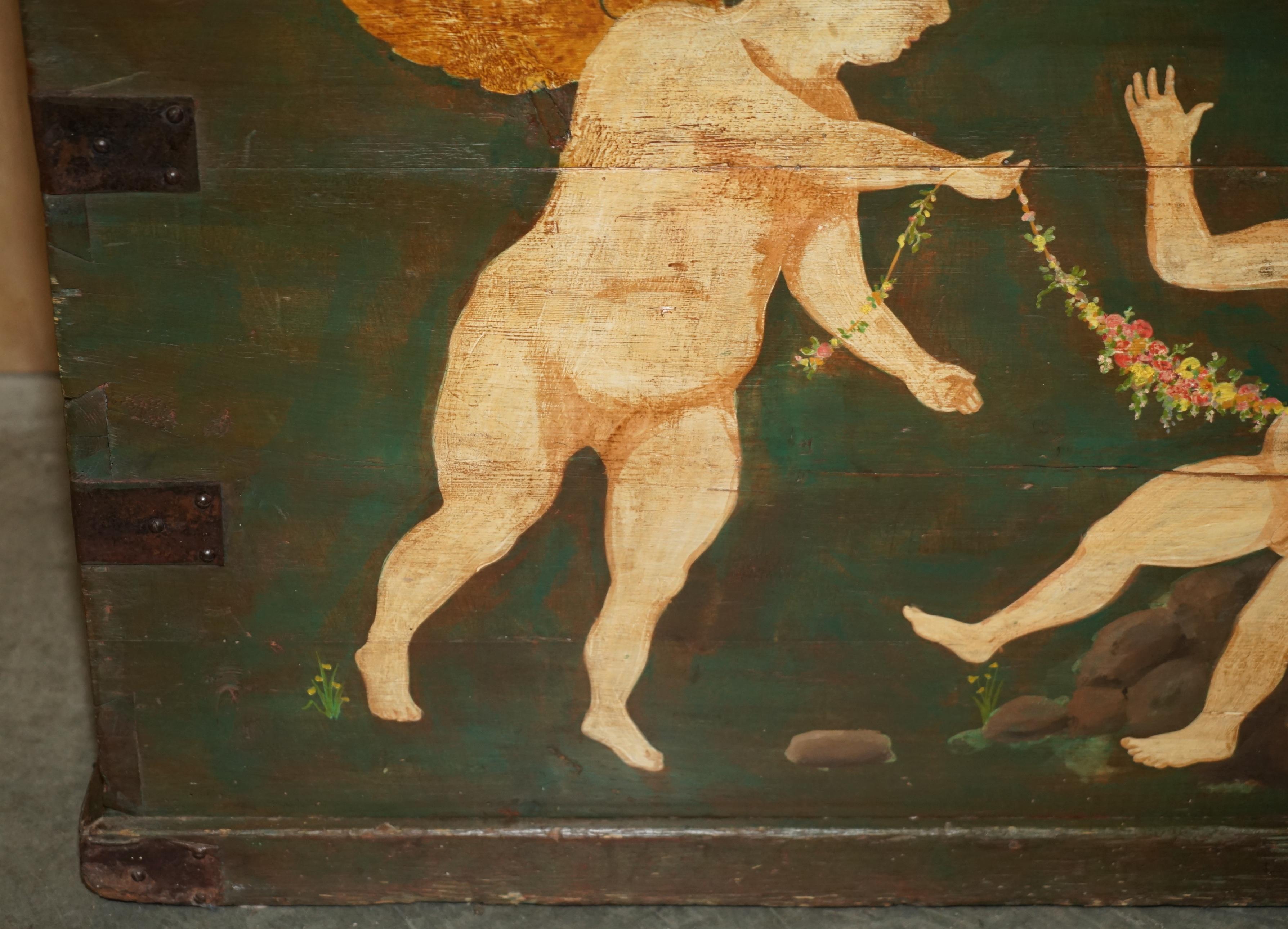 Hand-Painted 1860 ITALIAN ORIGINAL PAINT EXTRA LARGE STORAGE TRUNK OR CHEST CHERUB PAINTINGs For Sale