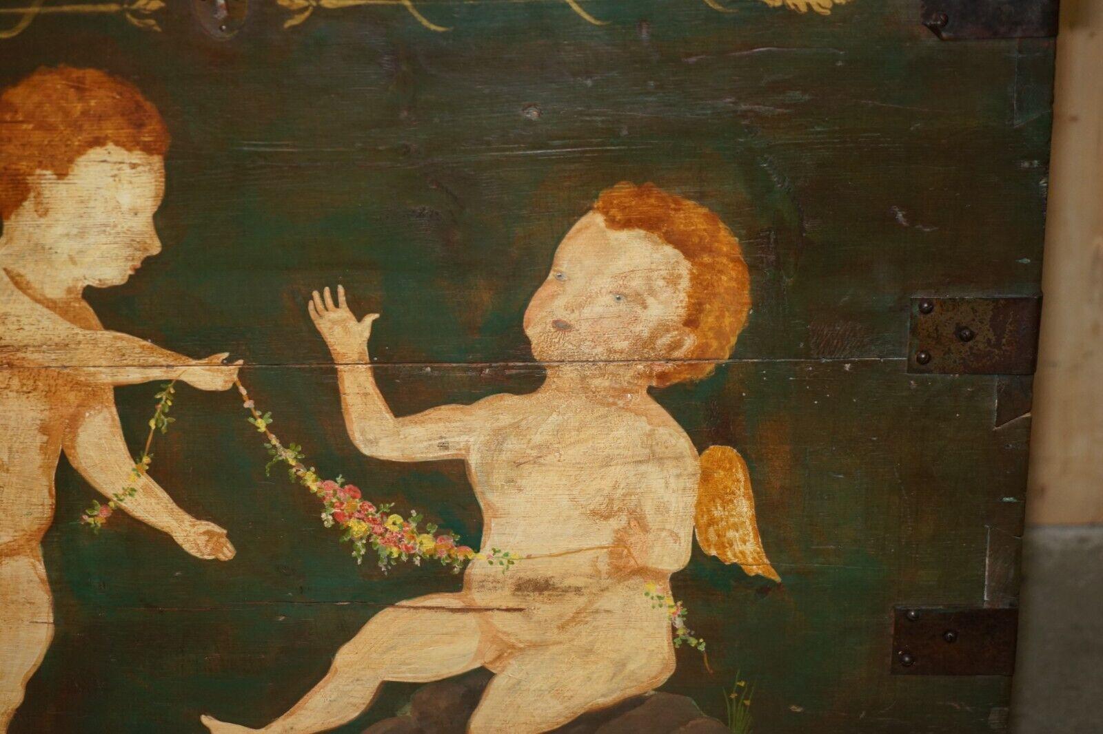 Pine 1860 ITALIAN ORIGINAL PAINT EXTRA LARGE STORAGE TRUNK OR CHEST CHERUB PAINTINGs For Sale
