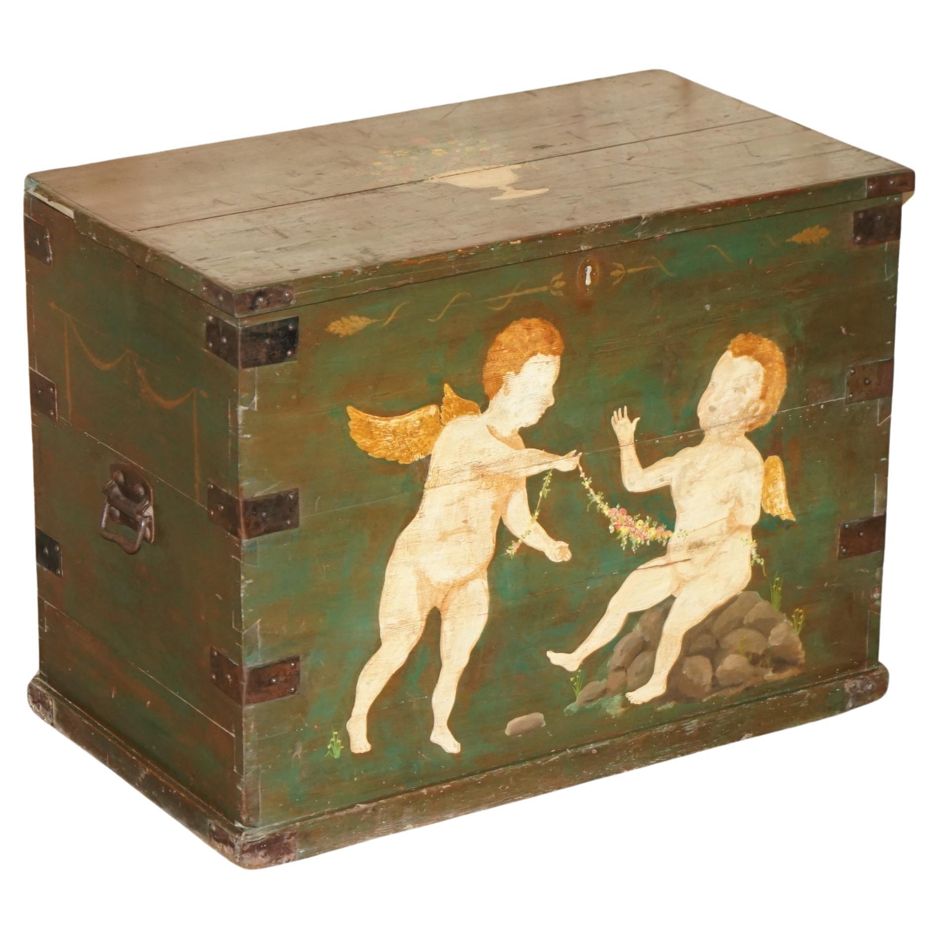 1860 ITALIAN ORIGINAL PAINT EXTRA LARGE STORAGE TRUNK OR CHEST CHERUB PAINTINGs For Sale