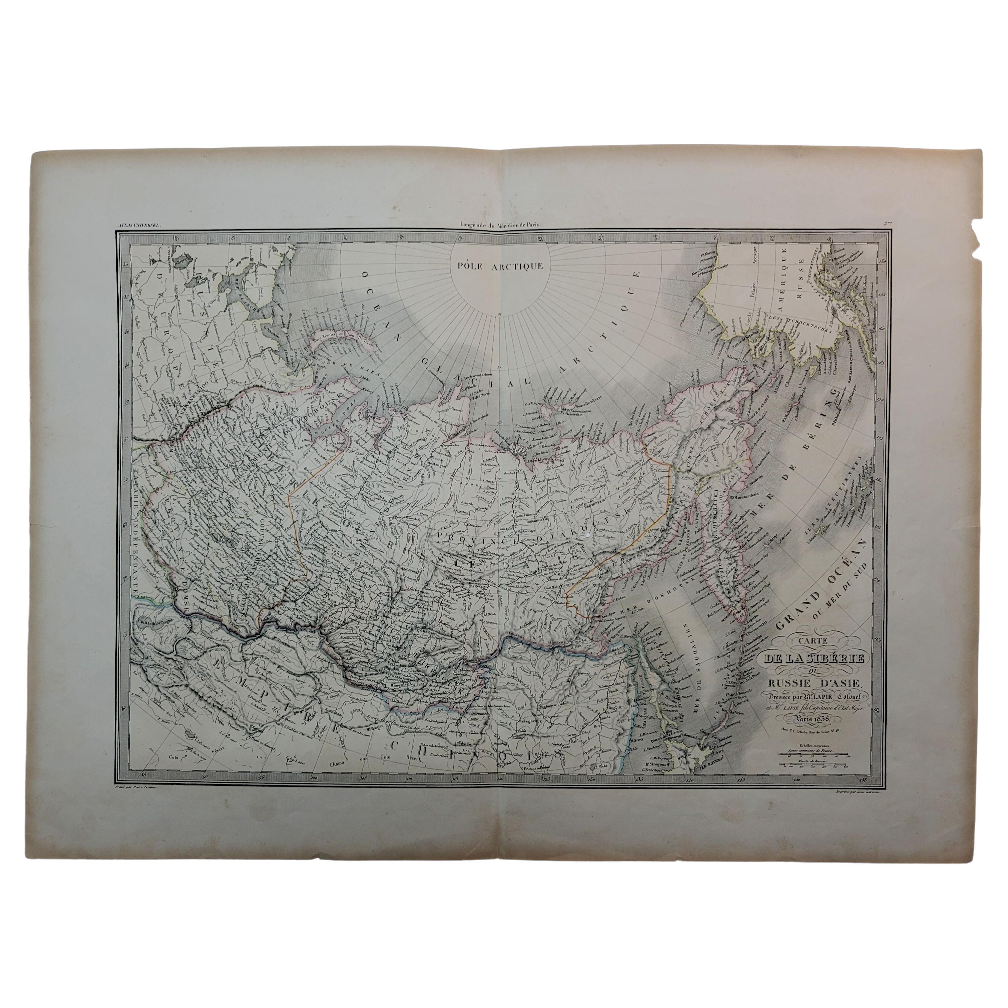 1860 Large Map "Carte De La Siberie Russie D'asie, " Ric.R0001 For Sale