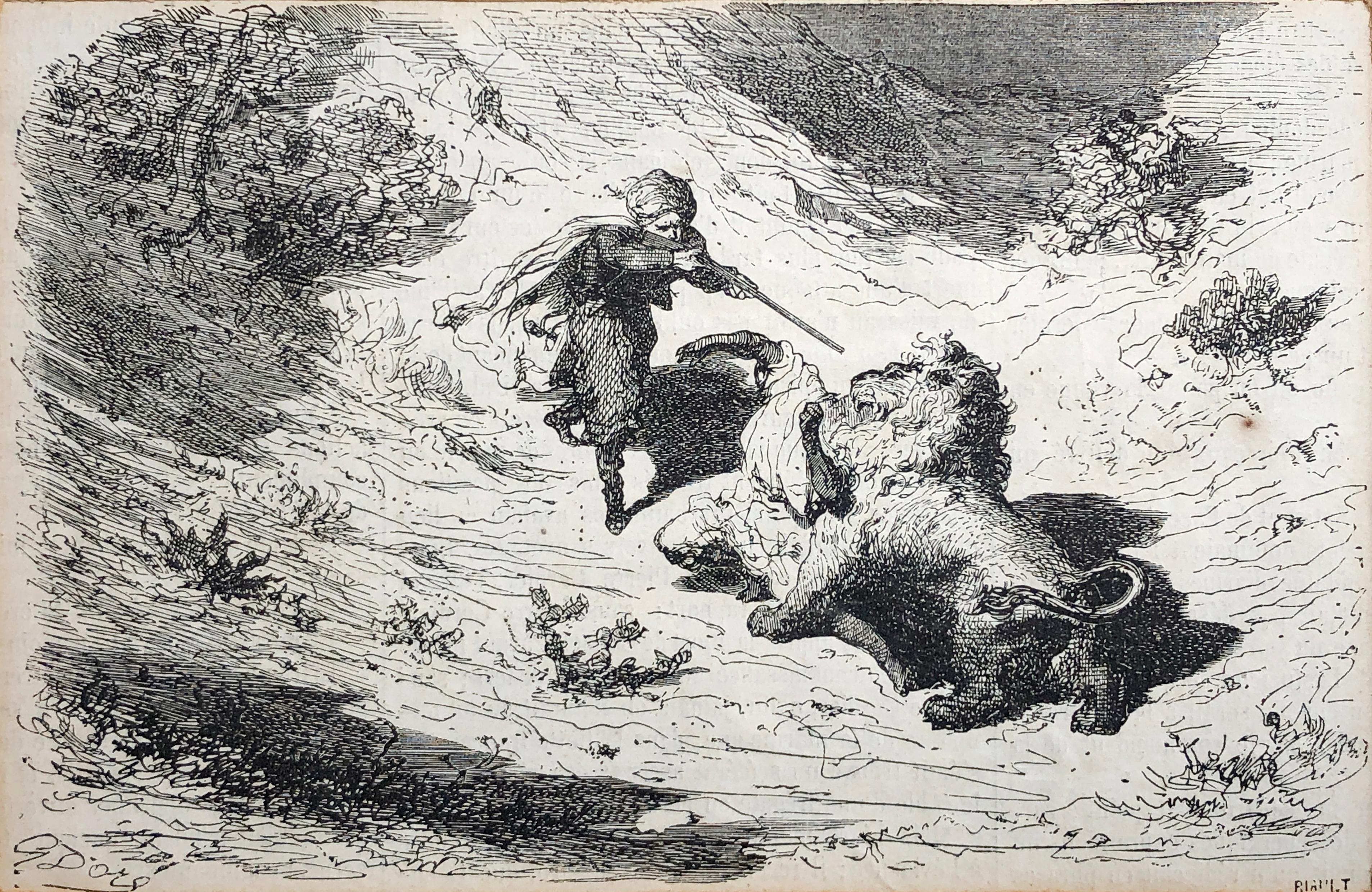 Modern 1860 'Lion Hunter' Wood engraving - Woodcut - Paul Gustave Doré For Sale
