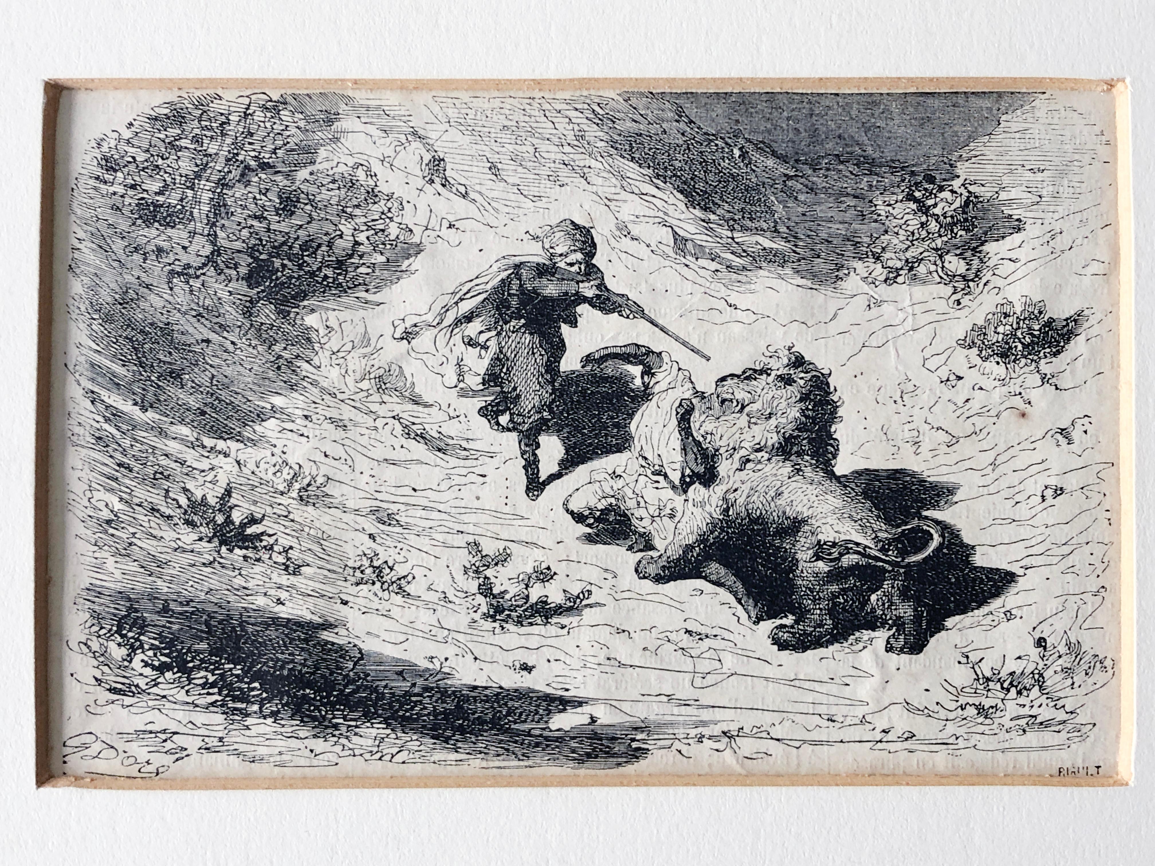1860 'Lion Hunter' Holzstich - Holzschnitt - Paul Gustave Doré (Papier) im Angebot