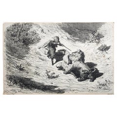 Antique 1860 'Lion Hunter' Wood engraving - Woodcut - Paul Gustave Doré