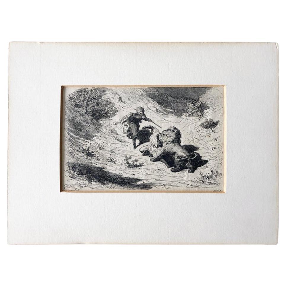 1860 
Lion Hunter
 Wood engraving - Woodcut - Paul Gustave Doré For Sale