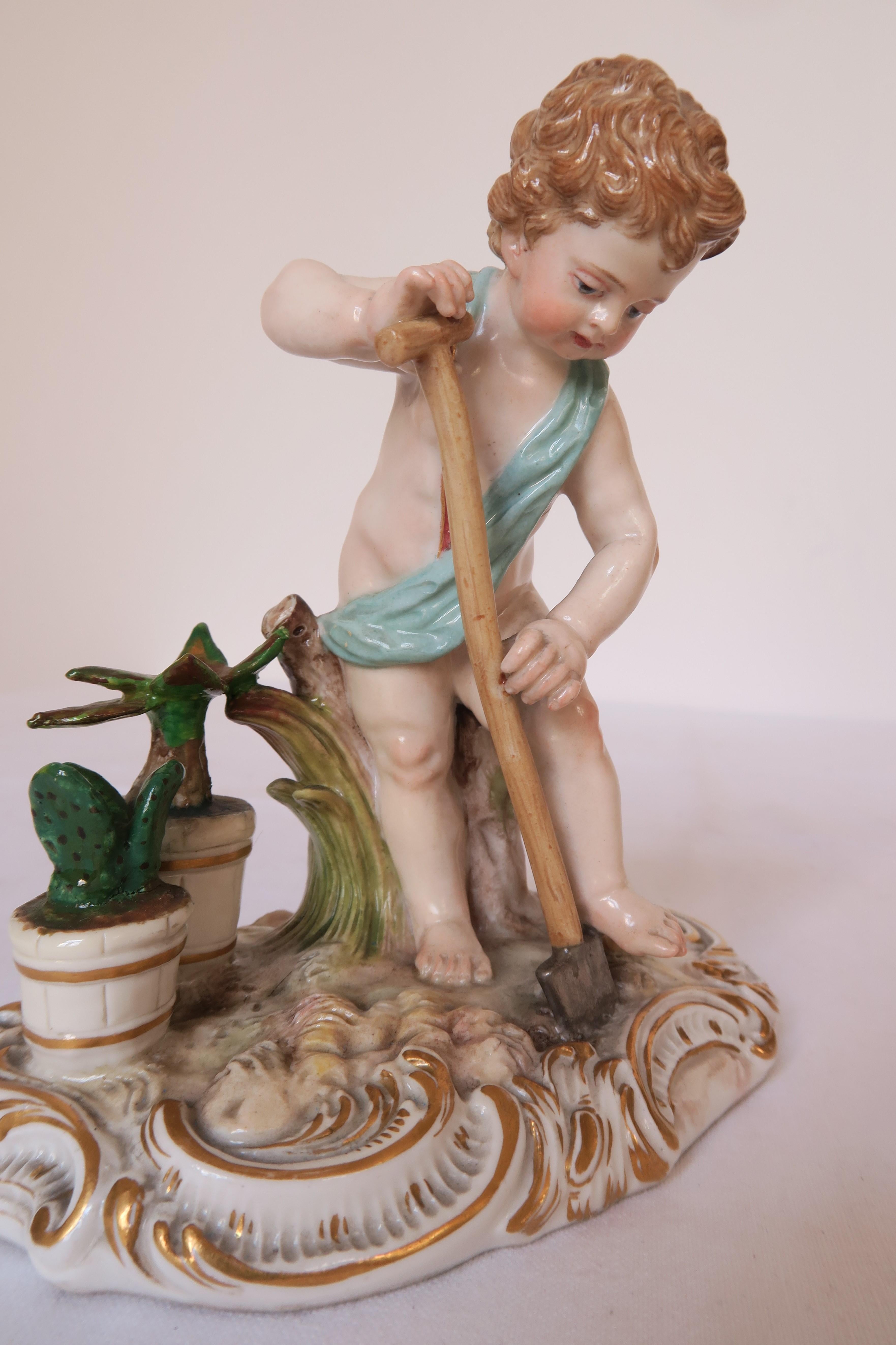 For sale in this ad you can find the sweetest little porcelain figurine. It was manufactured by Meissen Porcelain in the 1860s. The figurine depicts a little gardener working away in his garden. He is surrounded by plants and garden tools. The