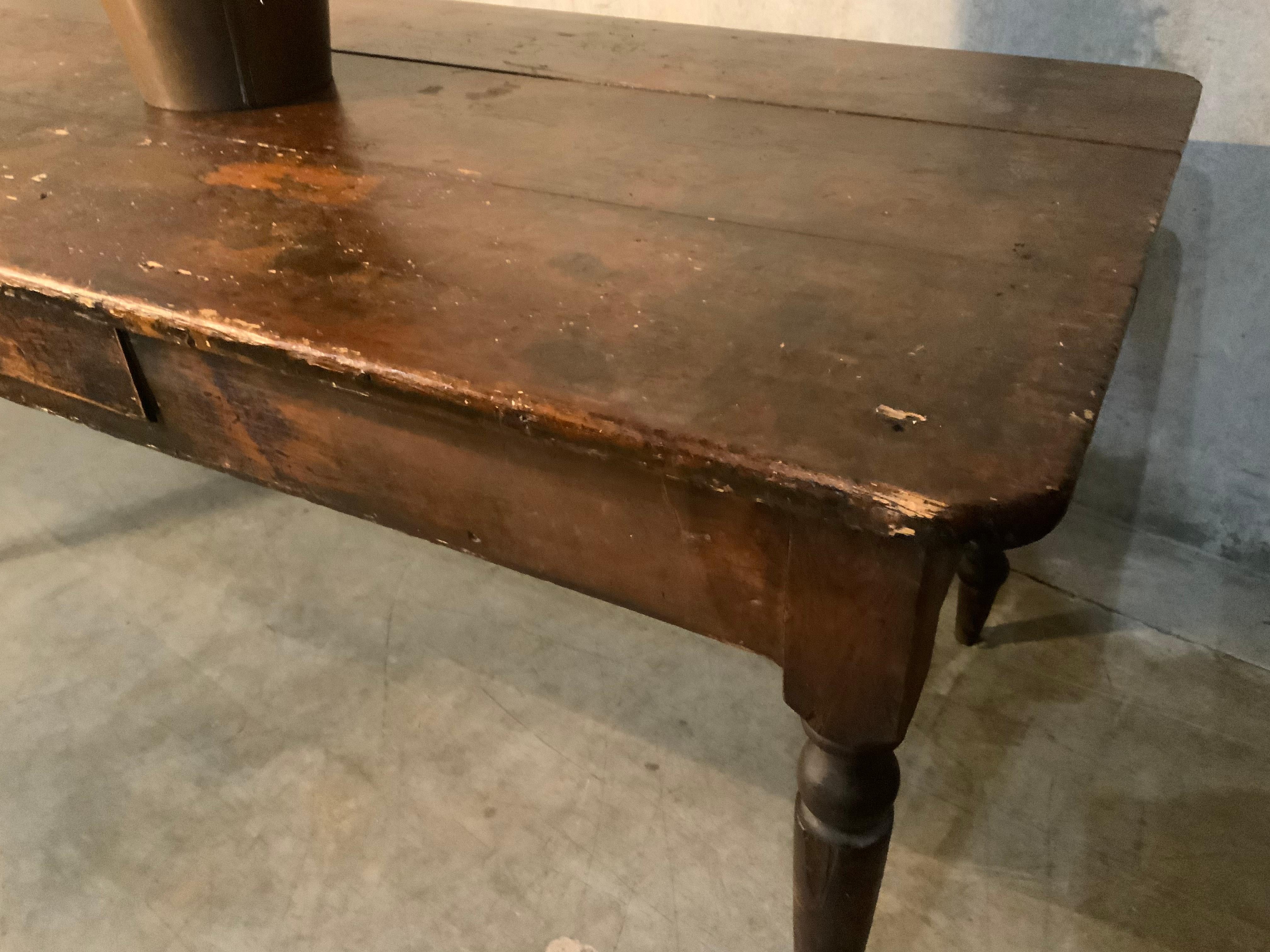 A beautiful untouched authentic harvest / farm table with three board pine top in original finish.

Found in rural Quebec this example is perfect.