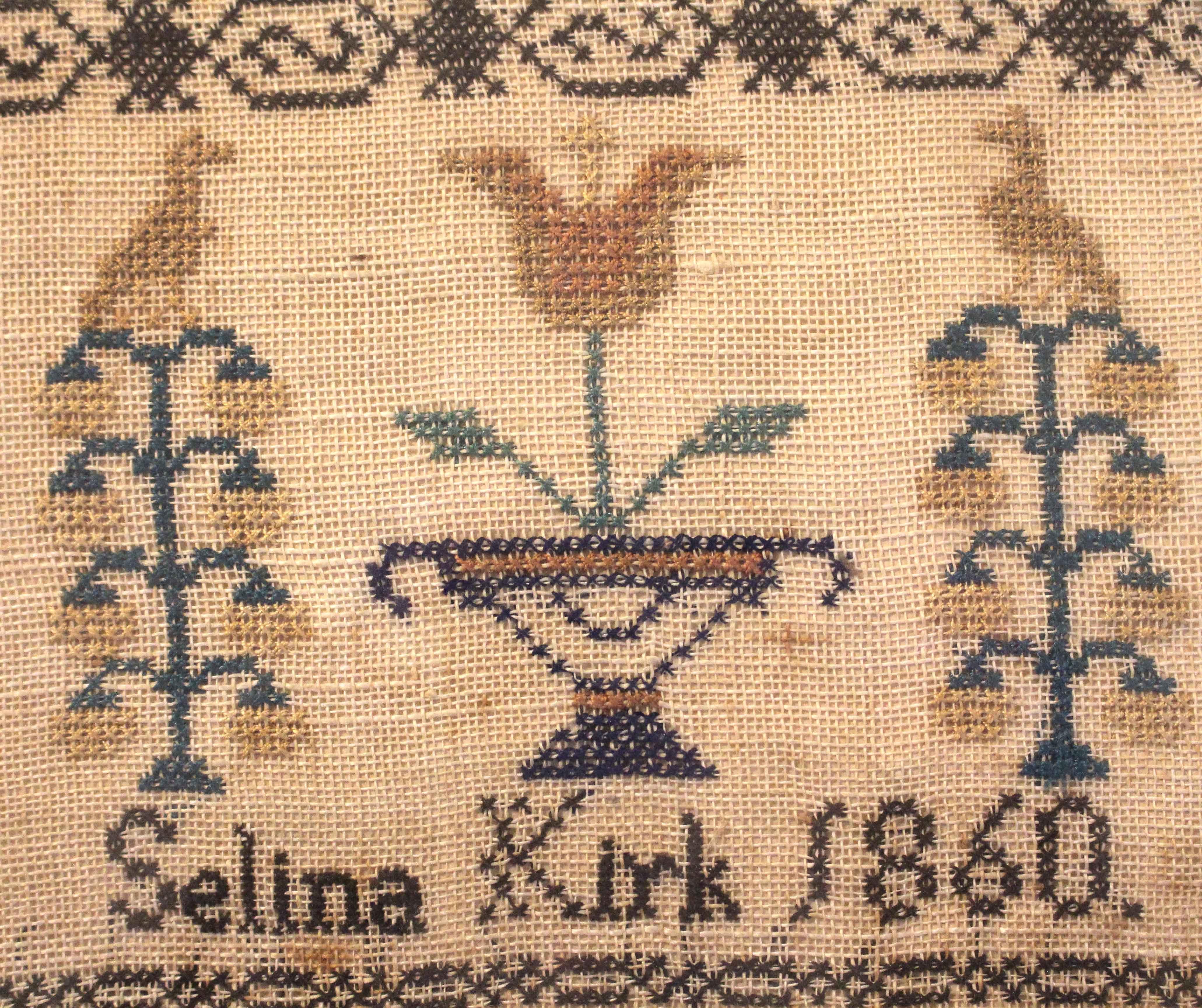 English 1860 Sampler Made by Selina Kirk in Oak Frame